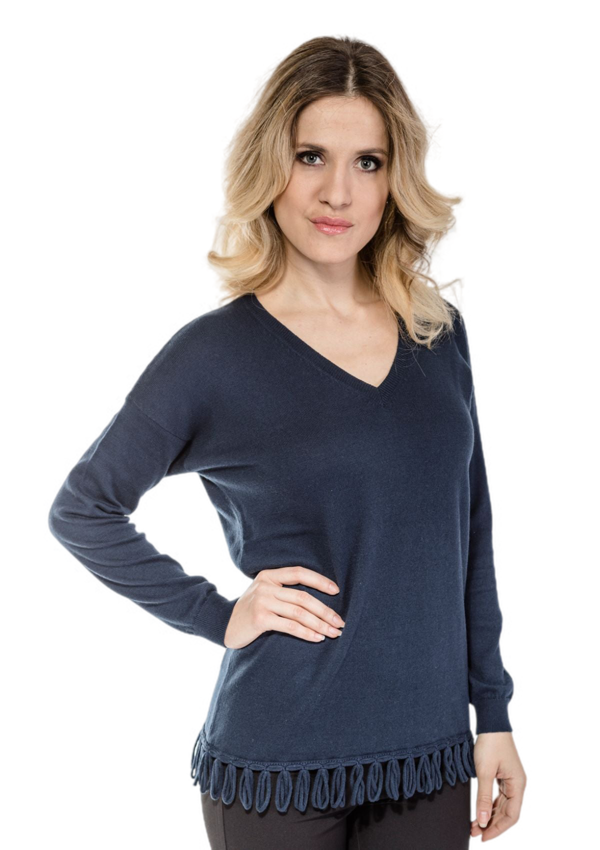 Maglia donna a maniche lunghe in cotone e cashmere blu