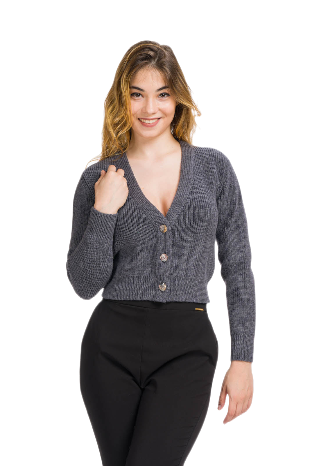 Cardigan grigio scuro donna a 3 bottoni in madreperla Zuleika