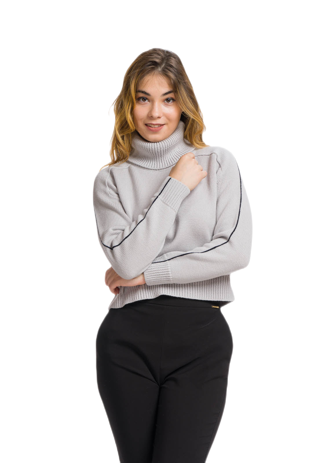 Dolcevita donna in lana merino grigio perla e blu