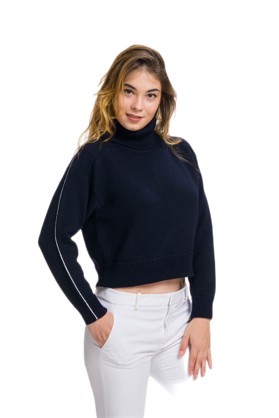 Maglia a collo alto in lana merino blu e bianca