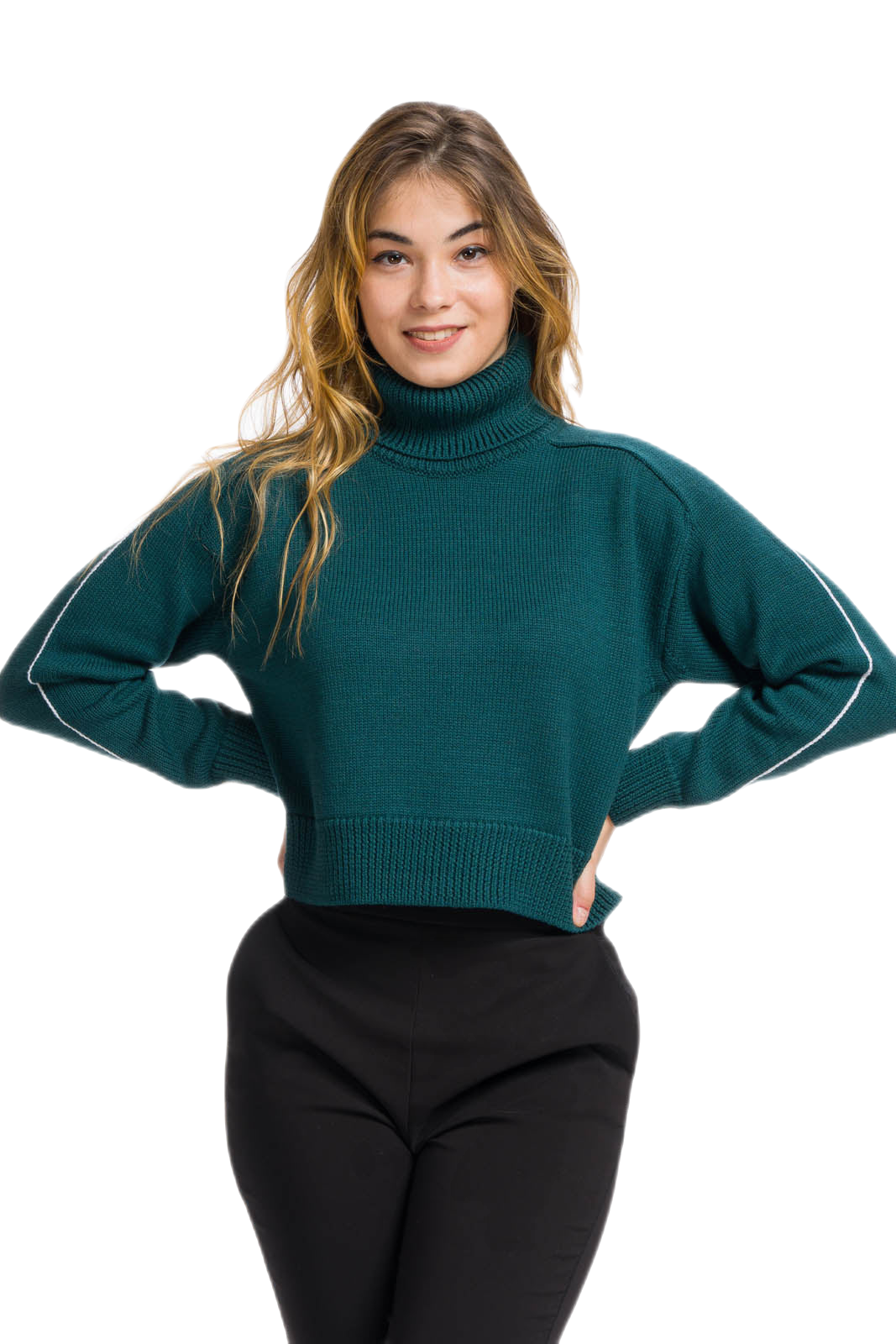 Maglia a collo alto in lana merino verde per ragazza