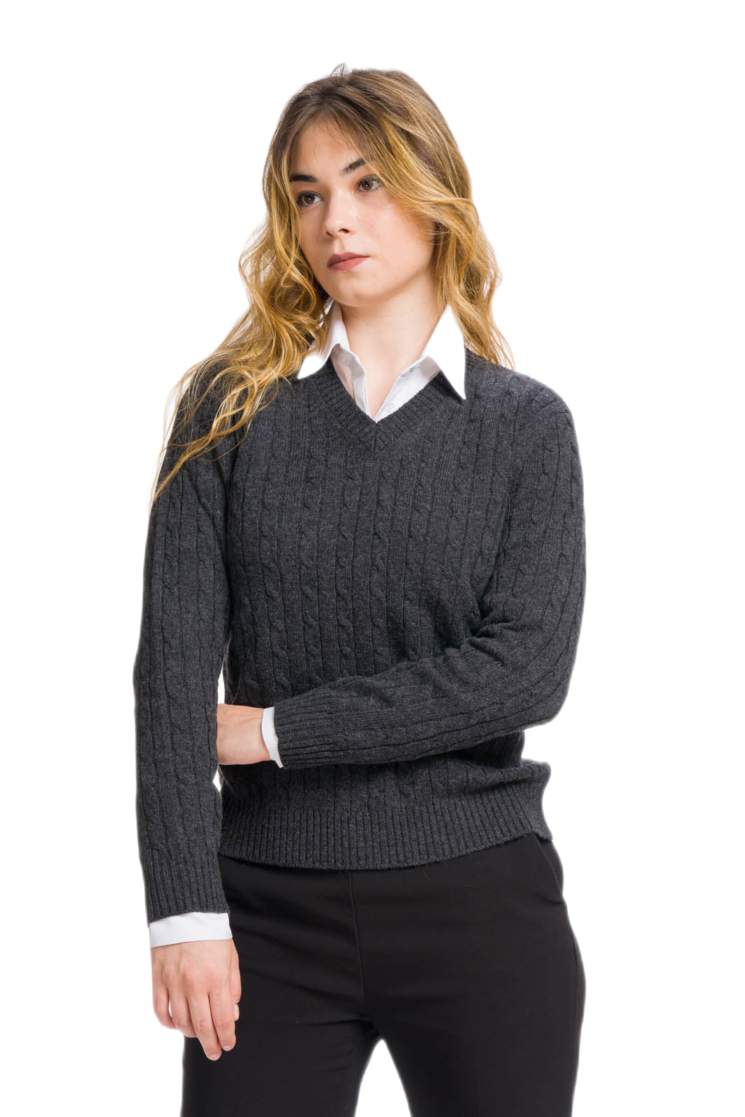 Maglia scollo V a trecce in cashmere lana seta antracite Teresa