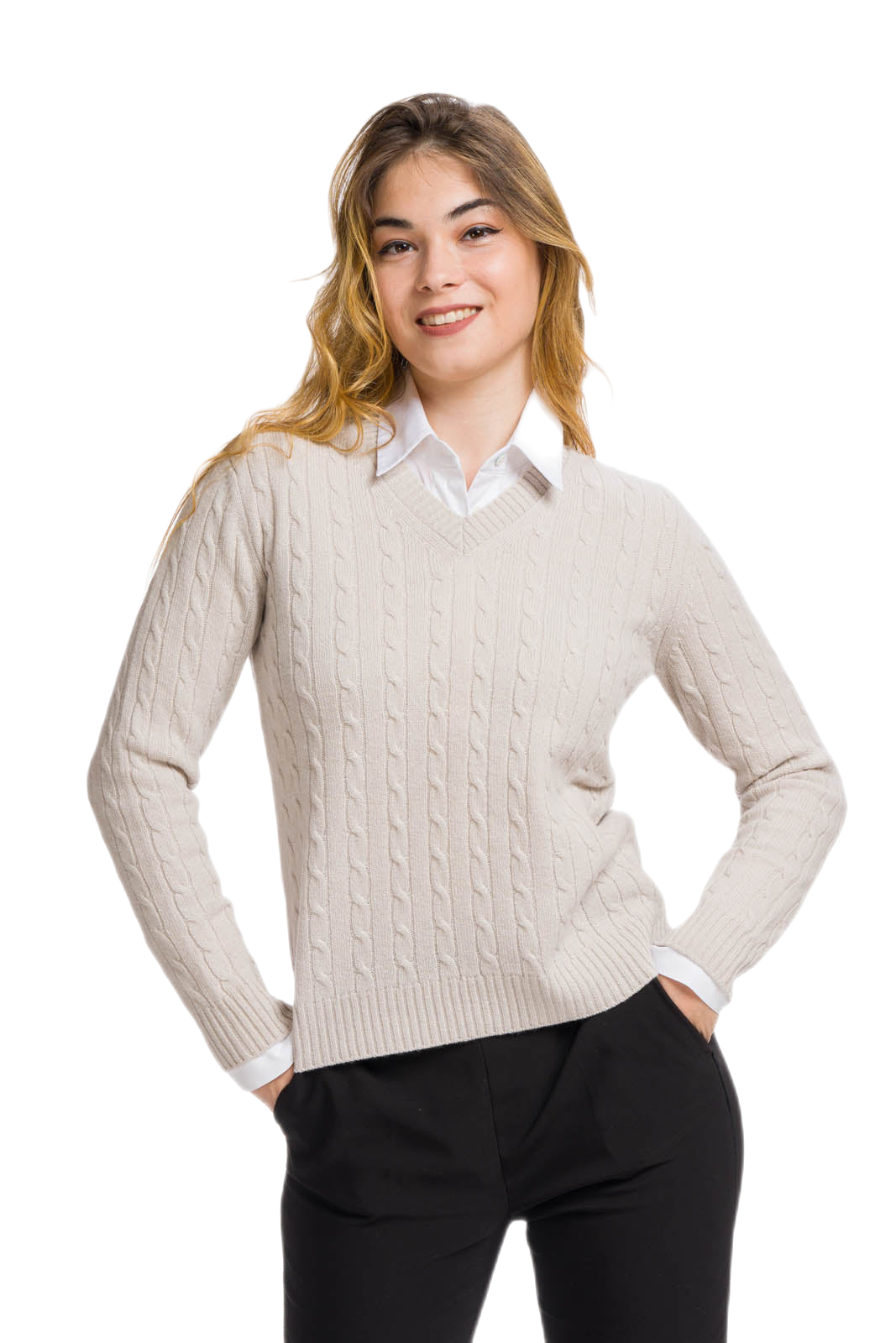 Maglia scollo V a trecce in cashmere lana seta grigio perla Teresa