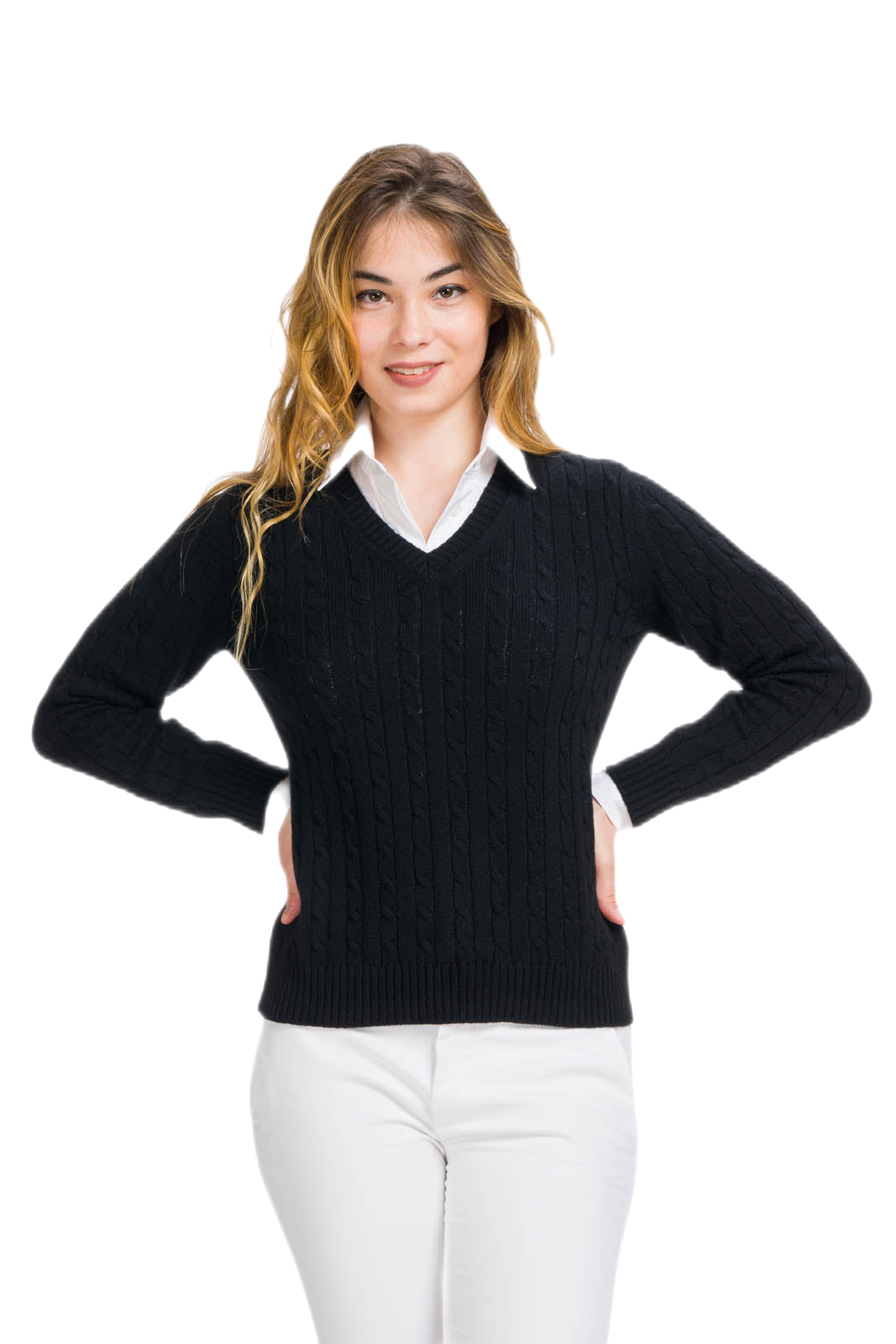 Damestrui met V-hals van wol, kasjmier en zijde - Main Image