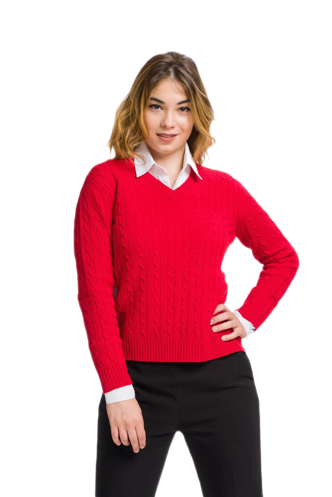 Maglia scollo V a trecce in cashmere lana seta rossa Teresa