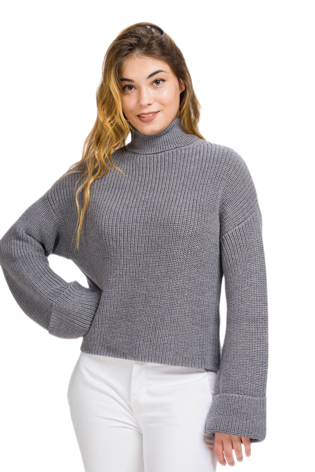 Maglione donna a collo alto in lana merino grigio