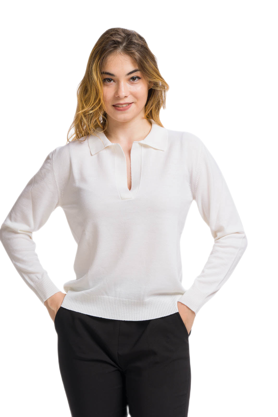 Polo donna bianca in lana merino extrafine