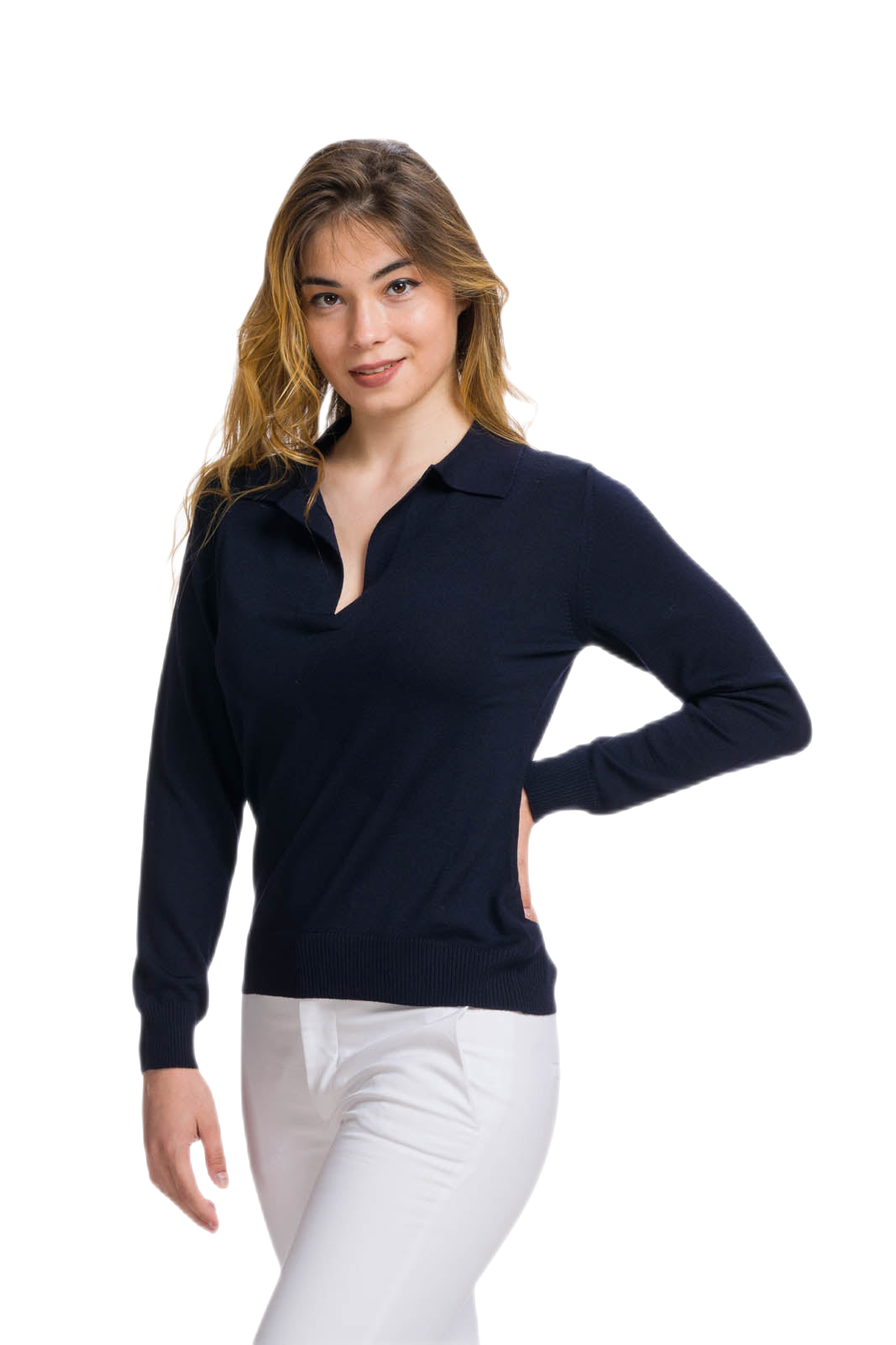 Polo donna blu in lana merino extrafine