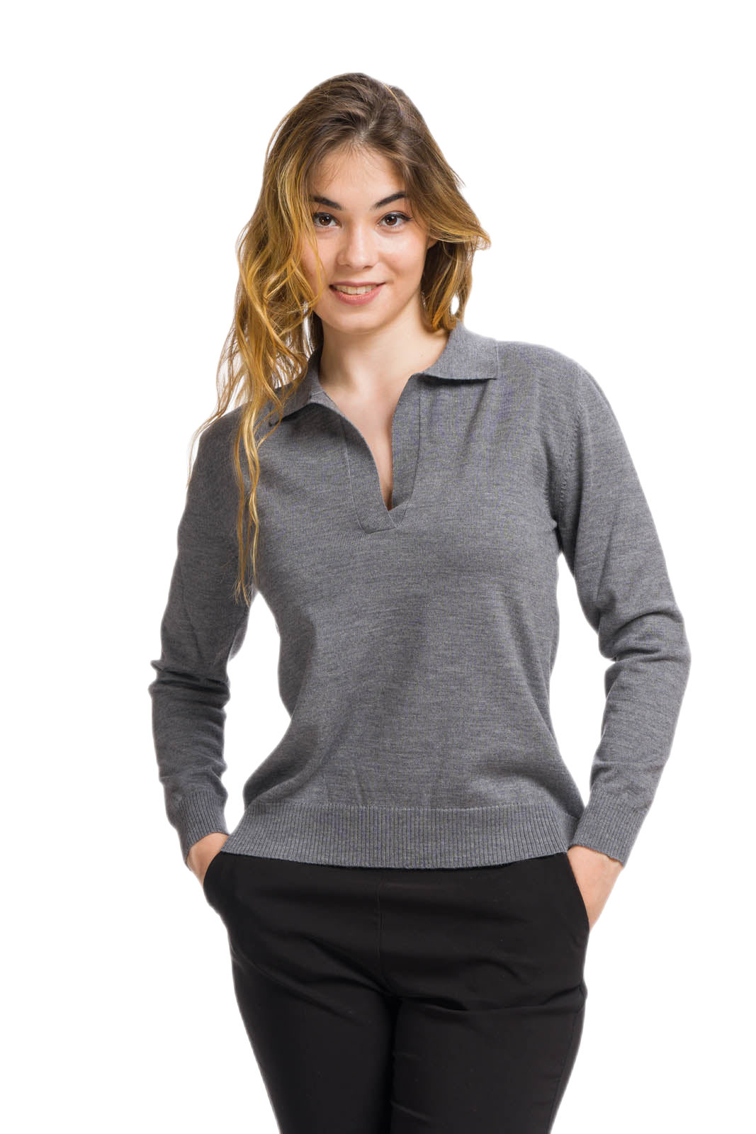 Polo donna grigia in lana merino extrafine