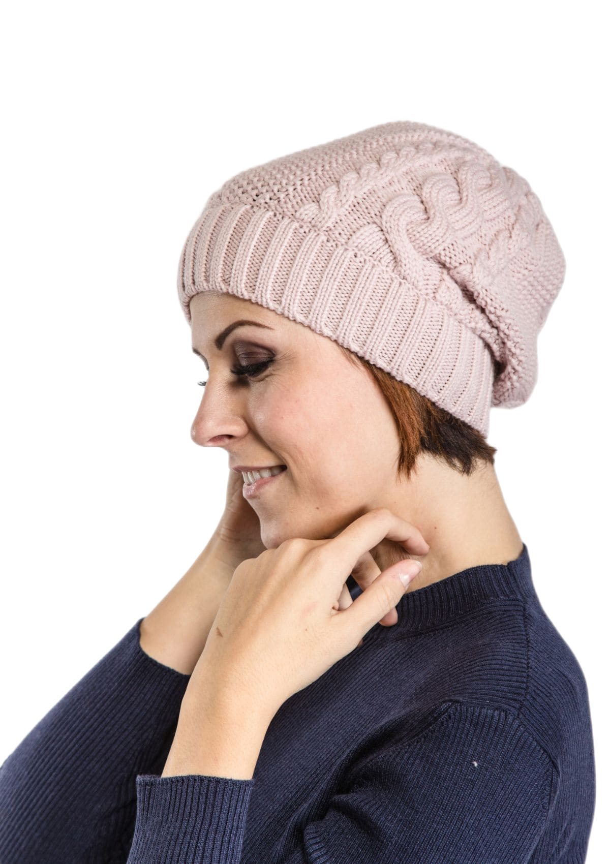 berretta donna in lana merinos rosa antico