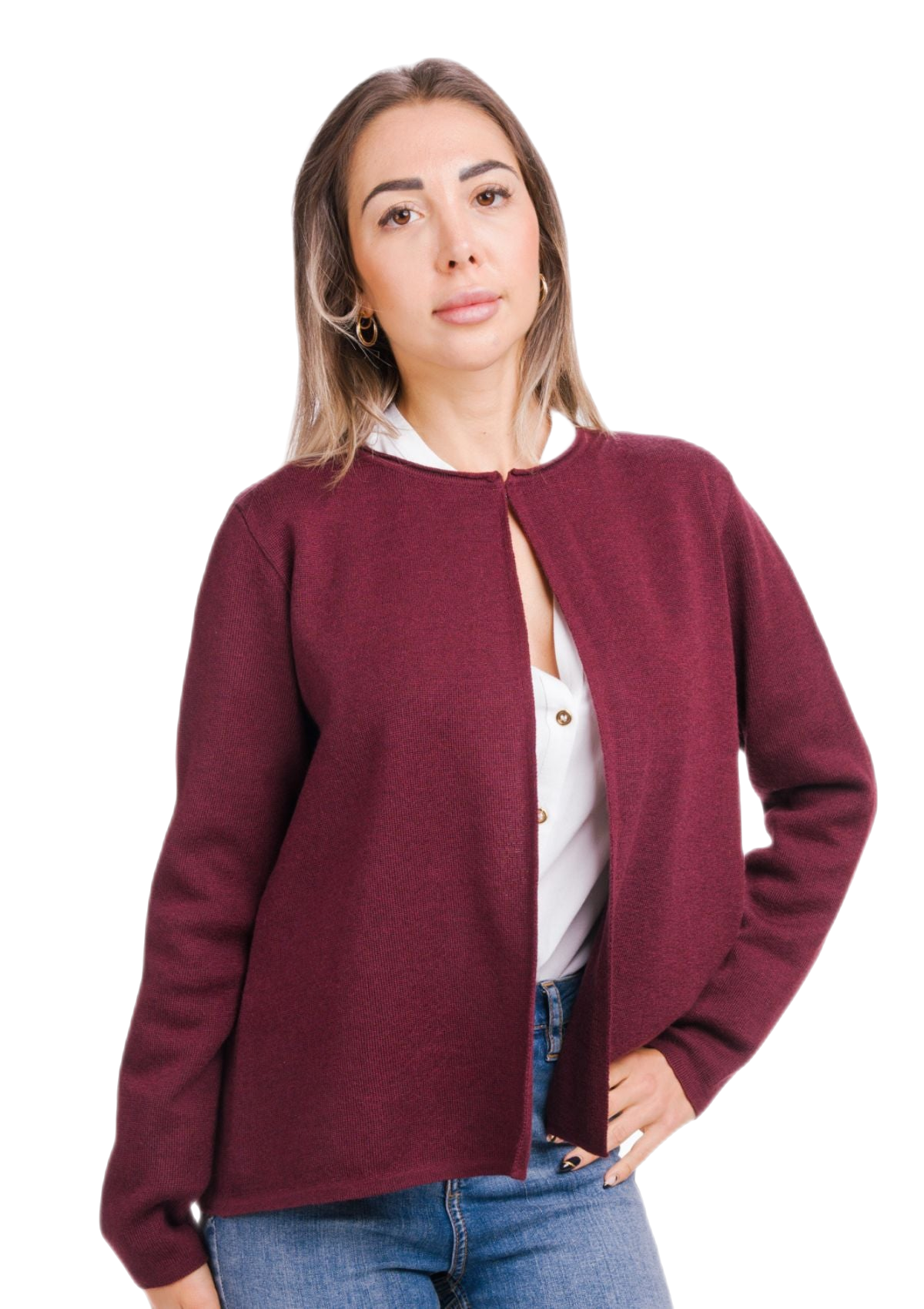 cardigan corto donna in lana merino colore bordeaux