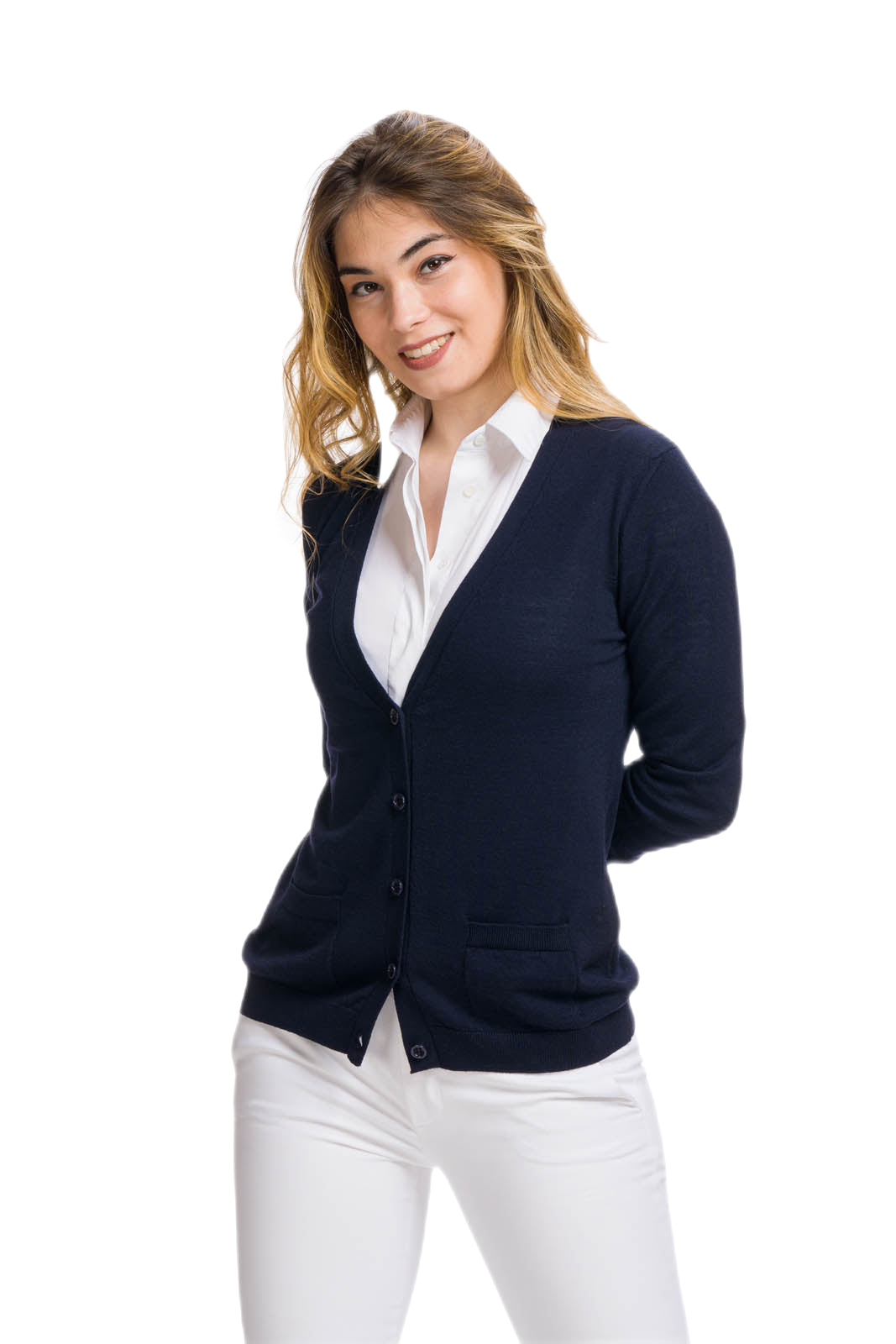 cardigan donna elegante classico in lana merino blu