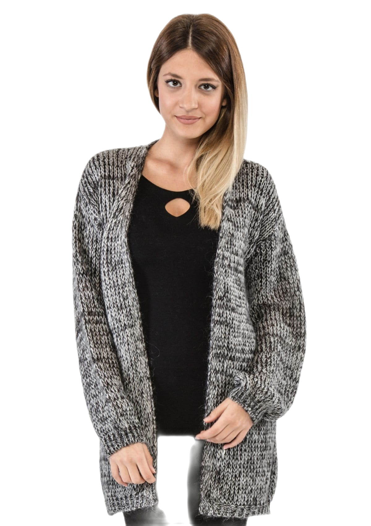 Cardigan donna lungo in Mohair melange nero grigio e bianco