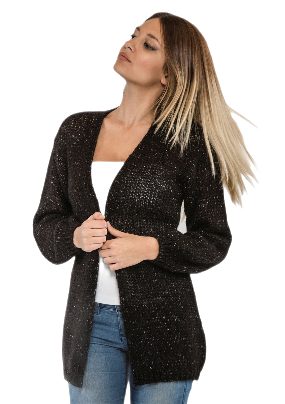 Cardigan donna lungo in Mohair nero con lurex argento