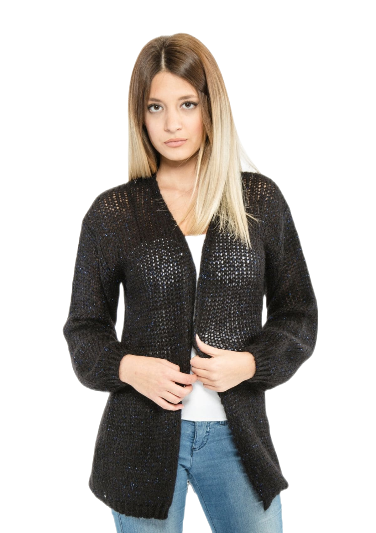 Cardigan donna lungo in Mohair nero con lurex blu