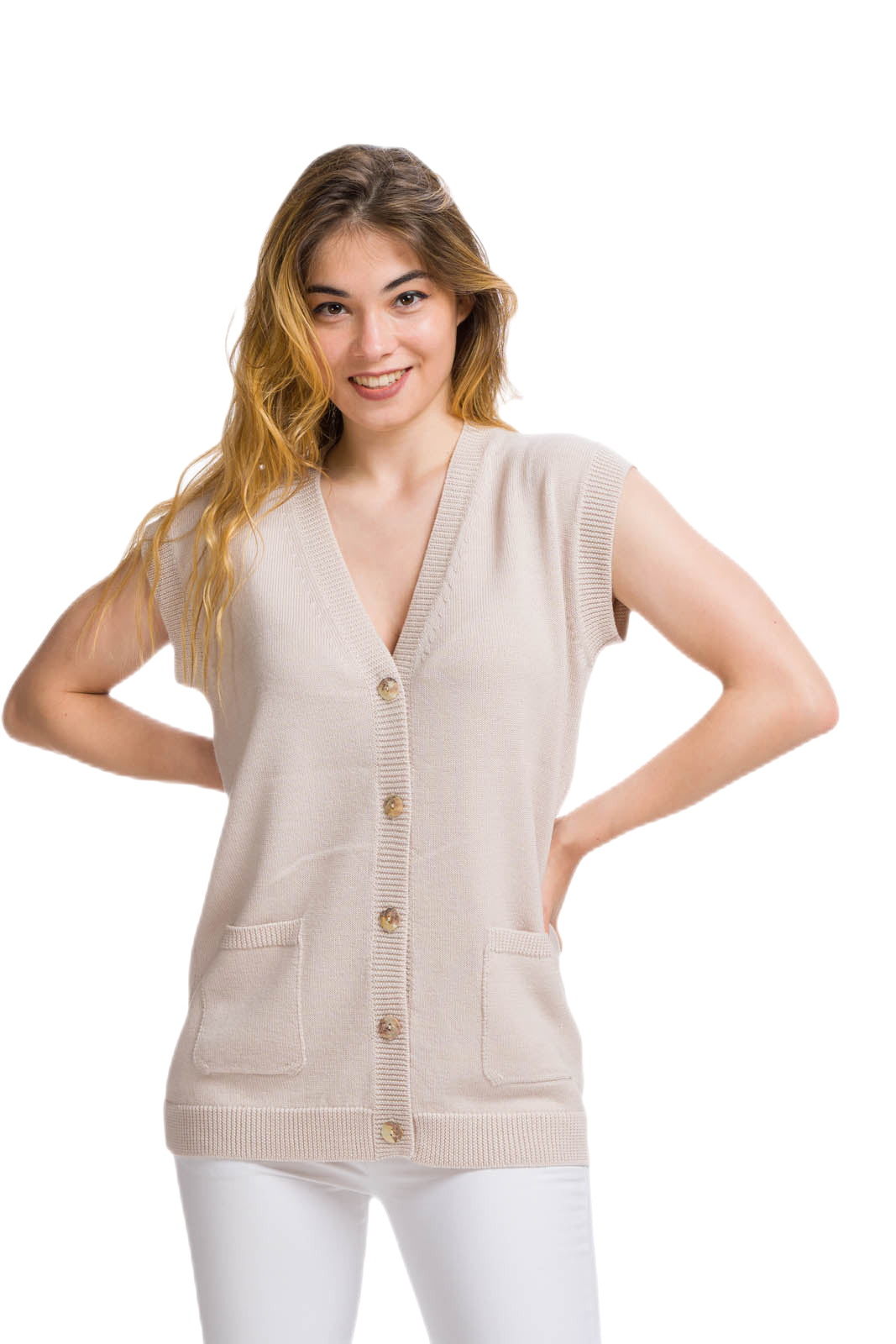 cardigan donna senza maniche color sabbia