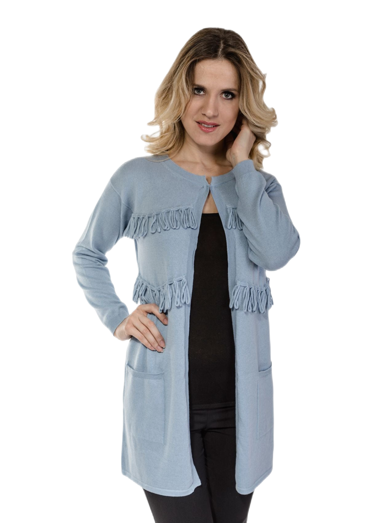 cardigan lungo in cashmere e cotone azzurro