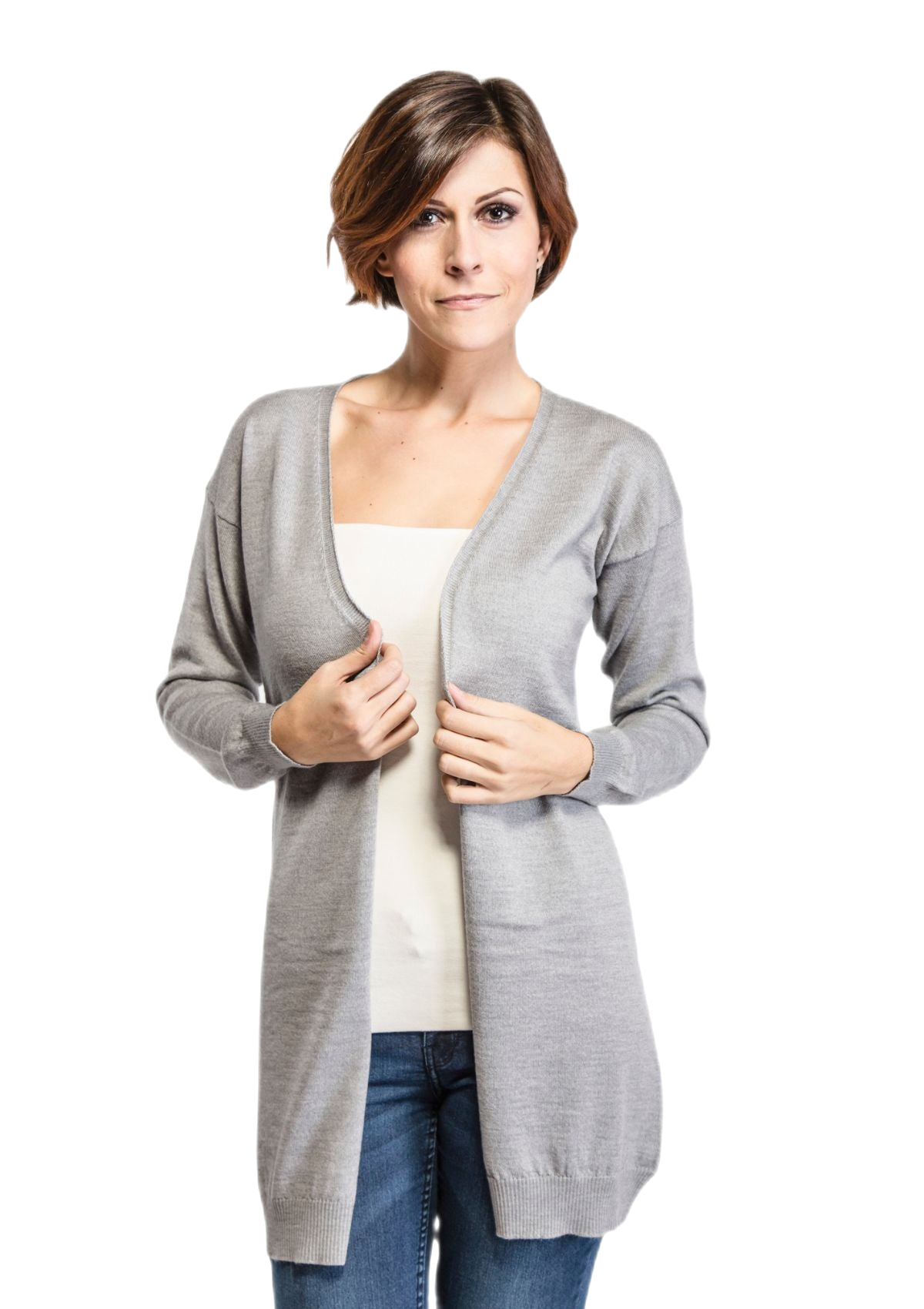 cardigan lungo donna in lana merinos grigio chiaro