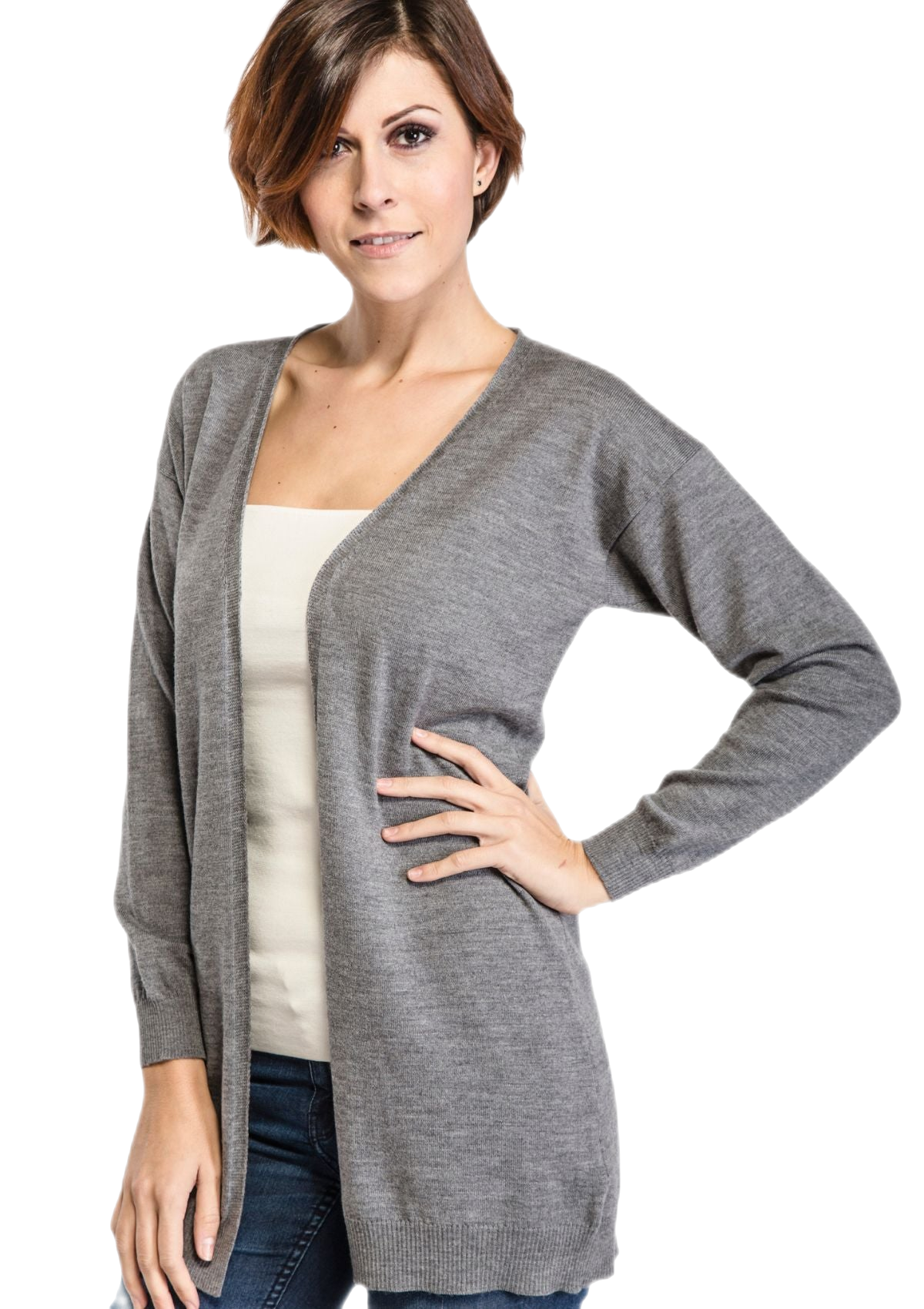 cardigan lungo donna in lana merinos grigio melange