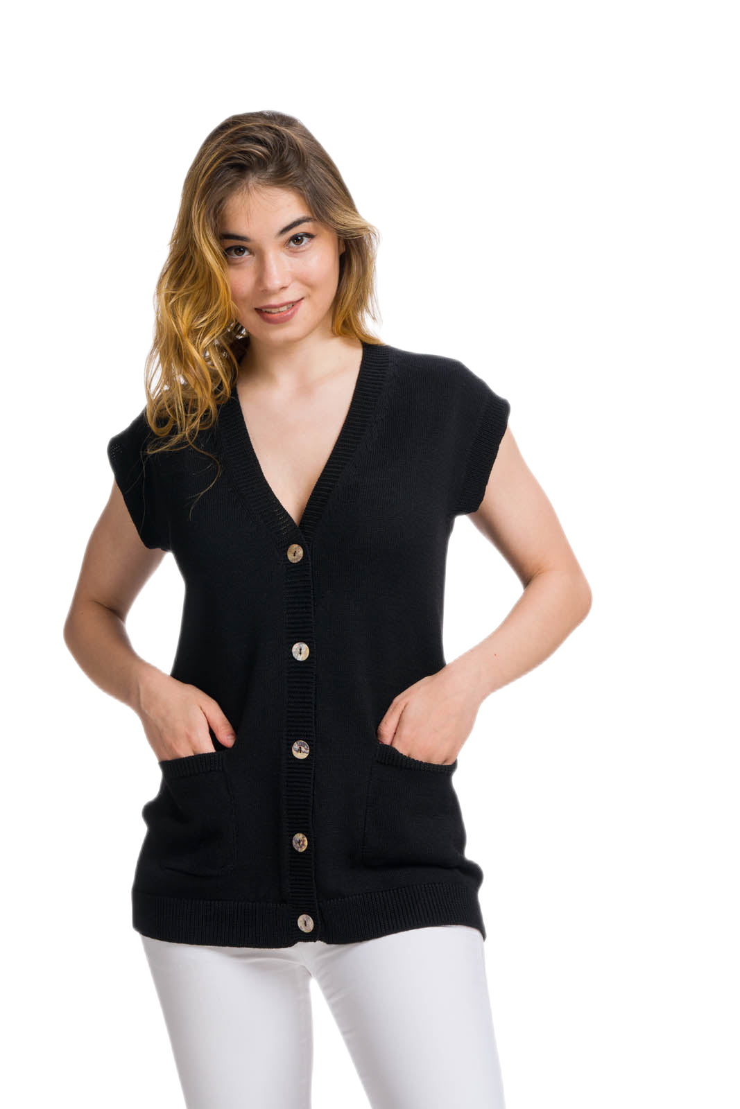 cardigan nero senza maniche in lana carmen