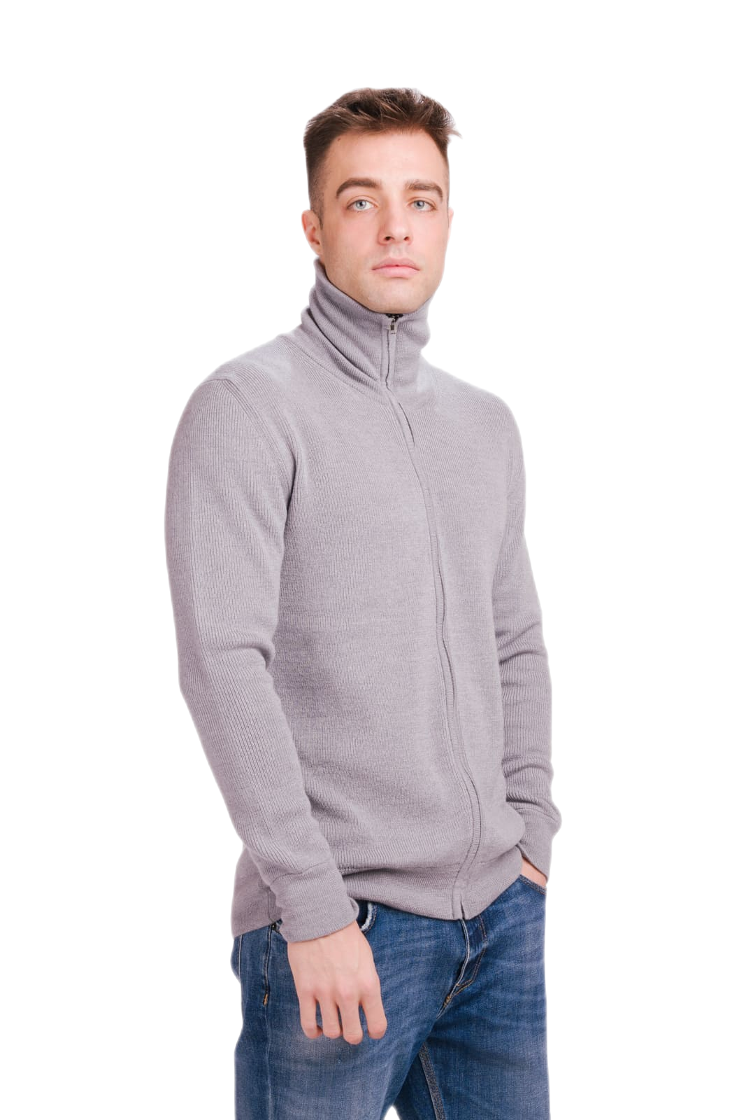 Men s cardigan with high collar in merino wool Alexander