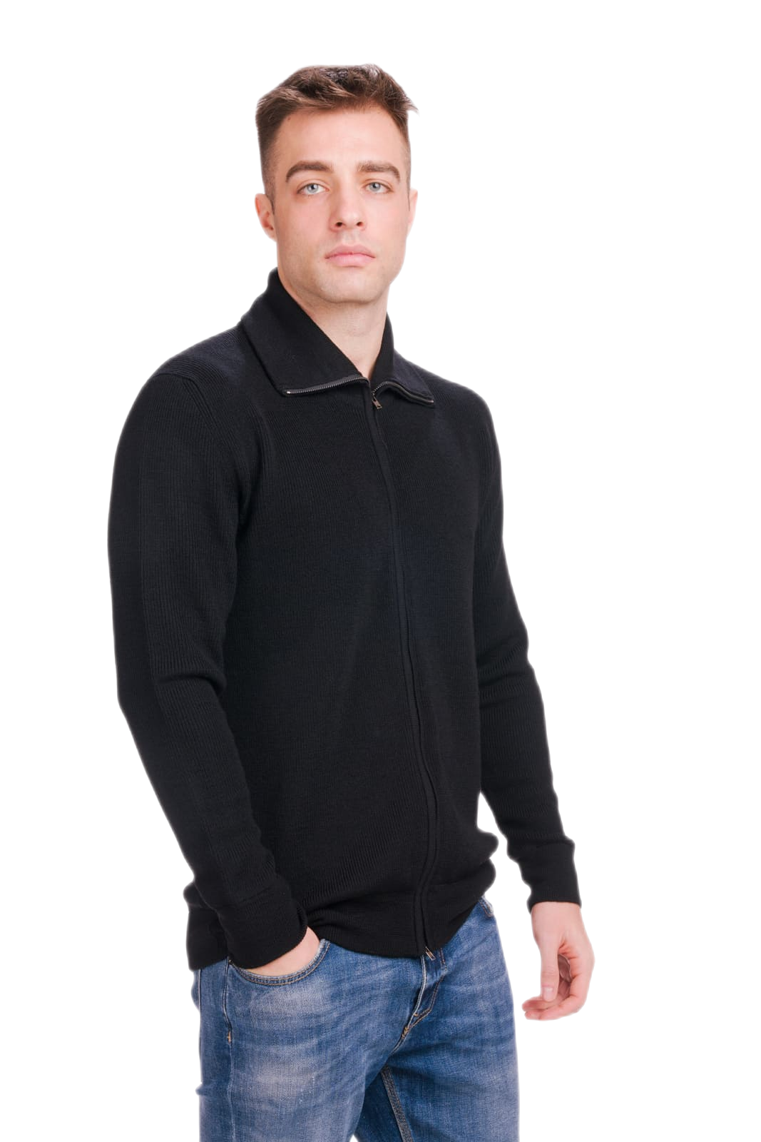 cardigan uomo collo alto in lana merino colore nero