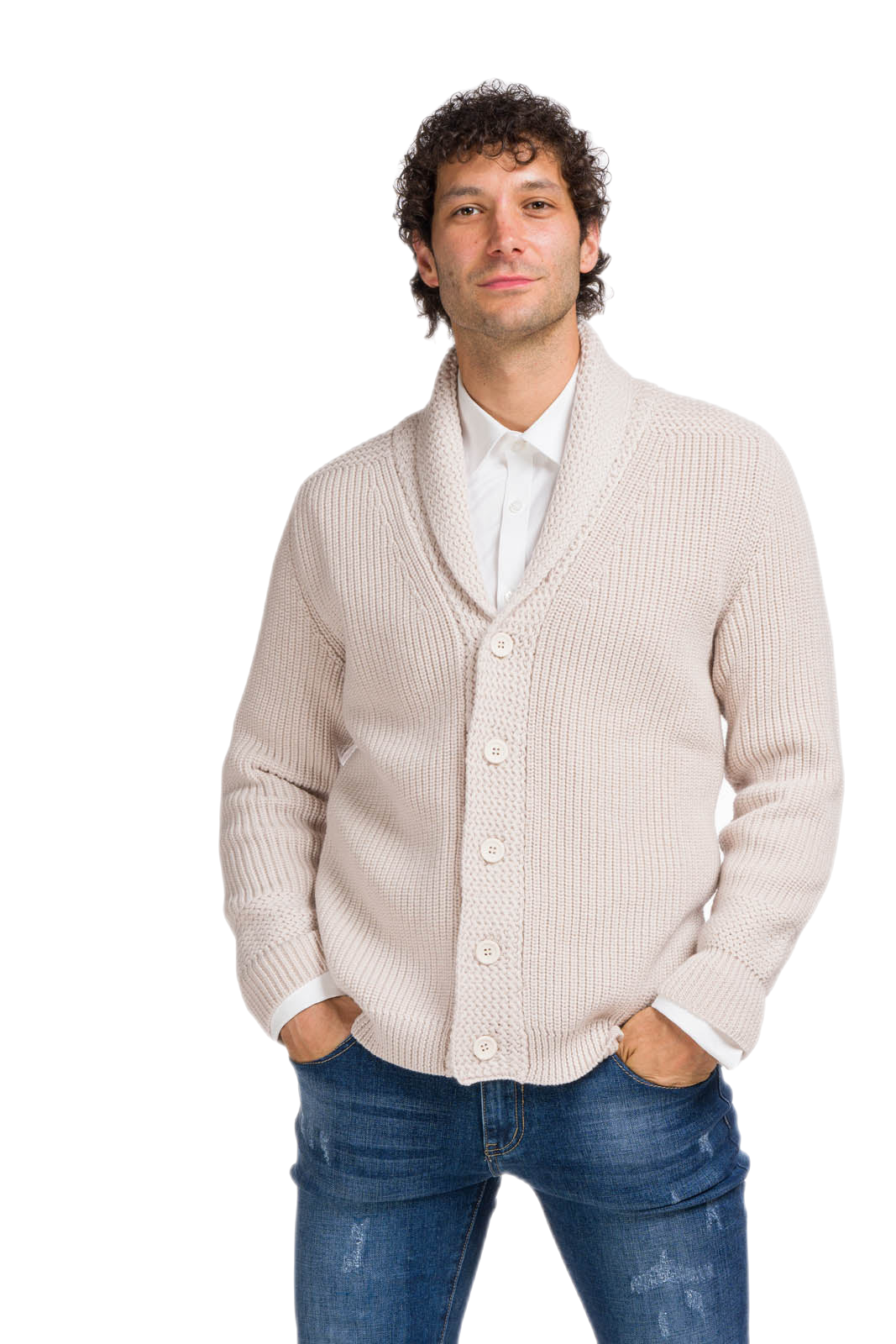 cardigan uomo in lana vergine merino sabbia