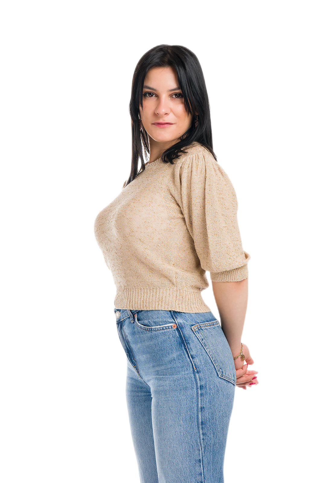 fianco maglia corta donna con maniche corte a palloncino beige