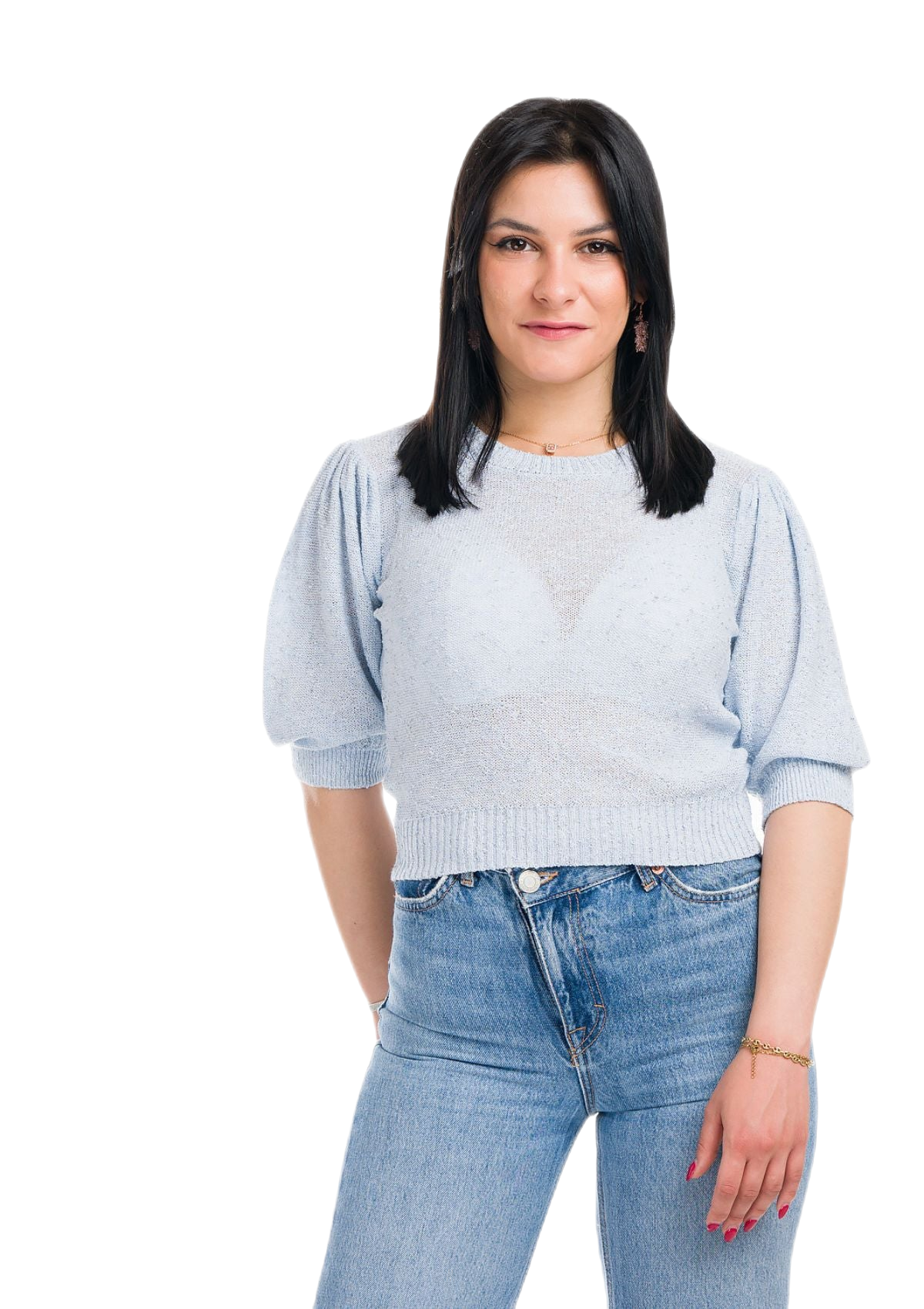 maglia corta donna con maniche corte a palloncino azzurra