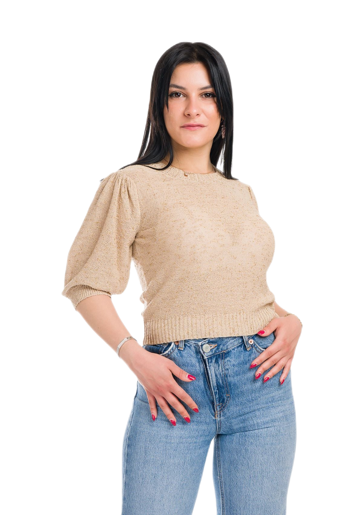 maglia corta donna con maniche corte a palloncino beige