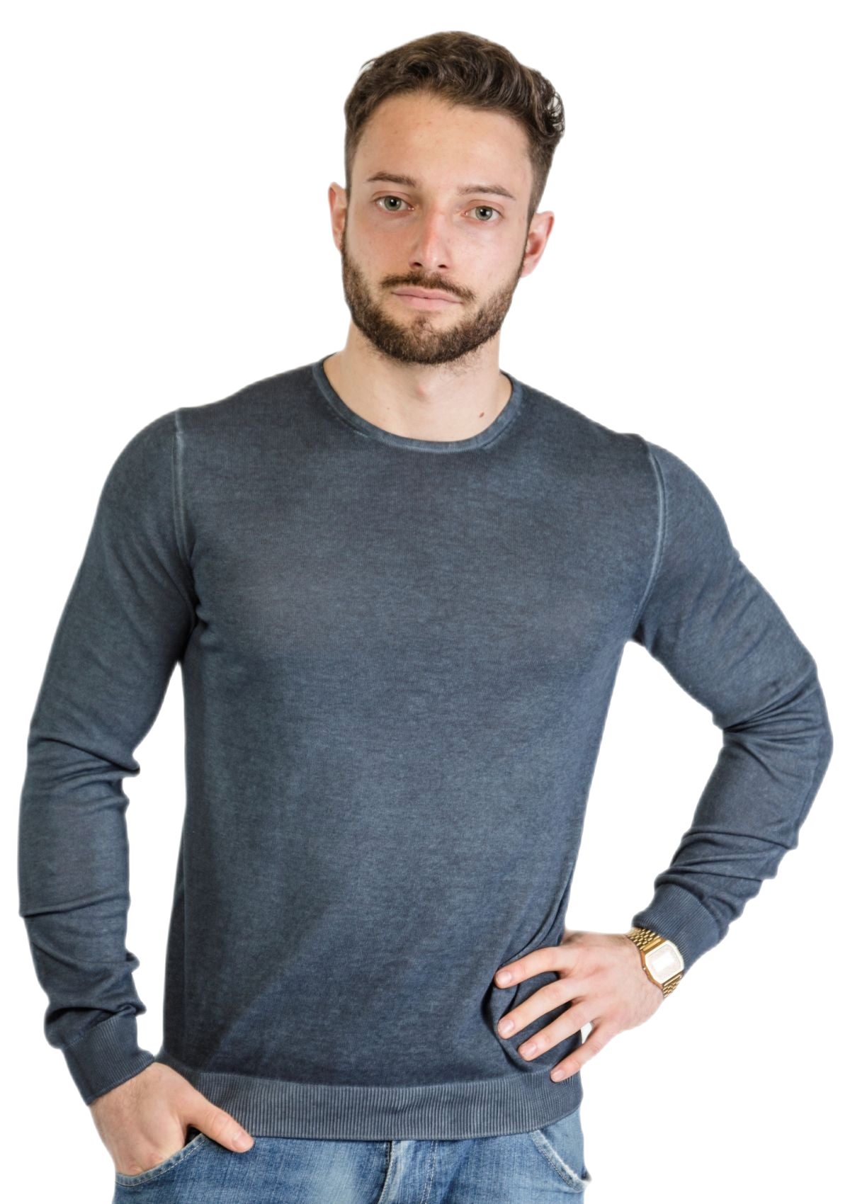 maglia cotone manica lunga uomo blu