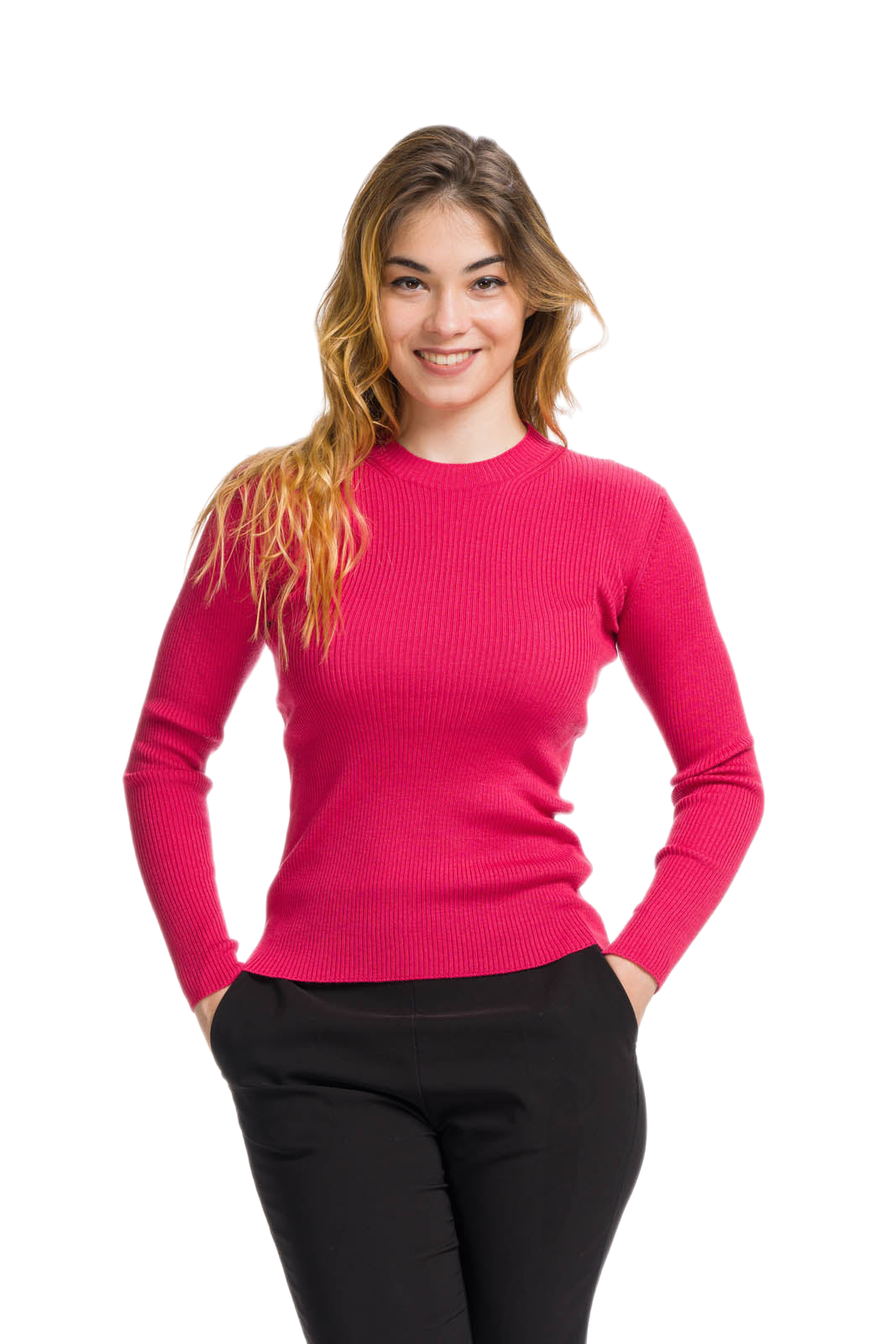 maglia donna a costine girocollo in fibra di latte color corallo