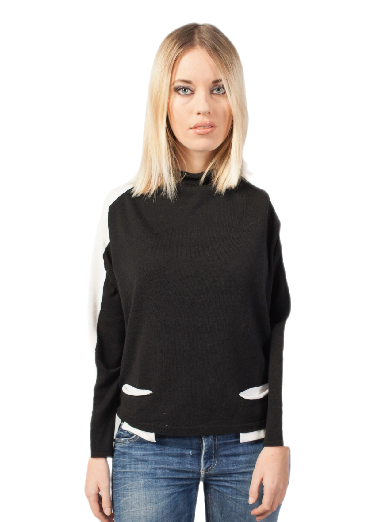 maglia raglan donna bicolore in pura lana merino nera e bianca