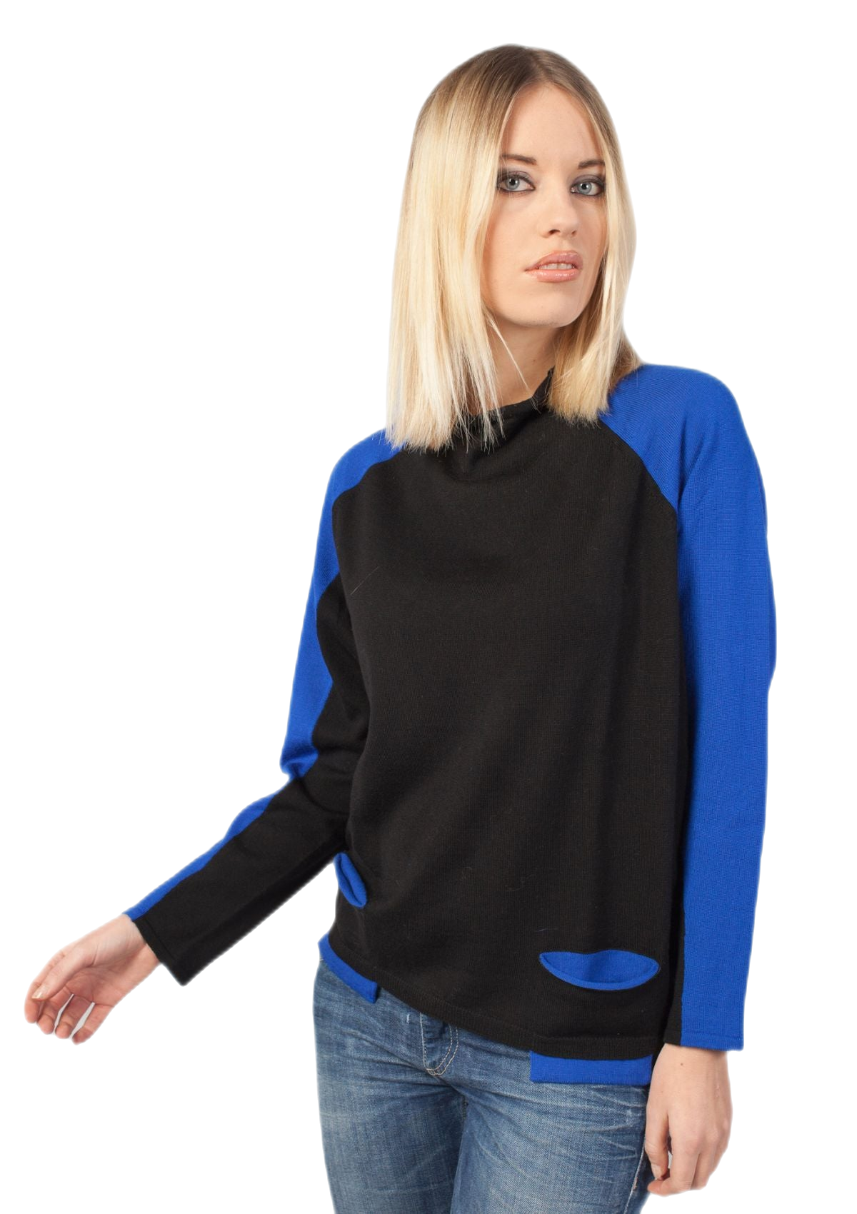 maglia raglan donna bicolore in pura lana merino nera e blu