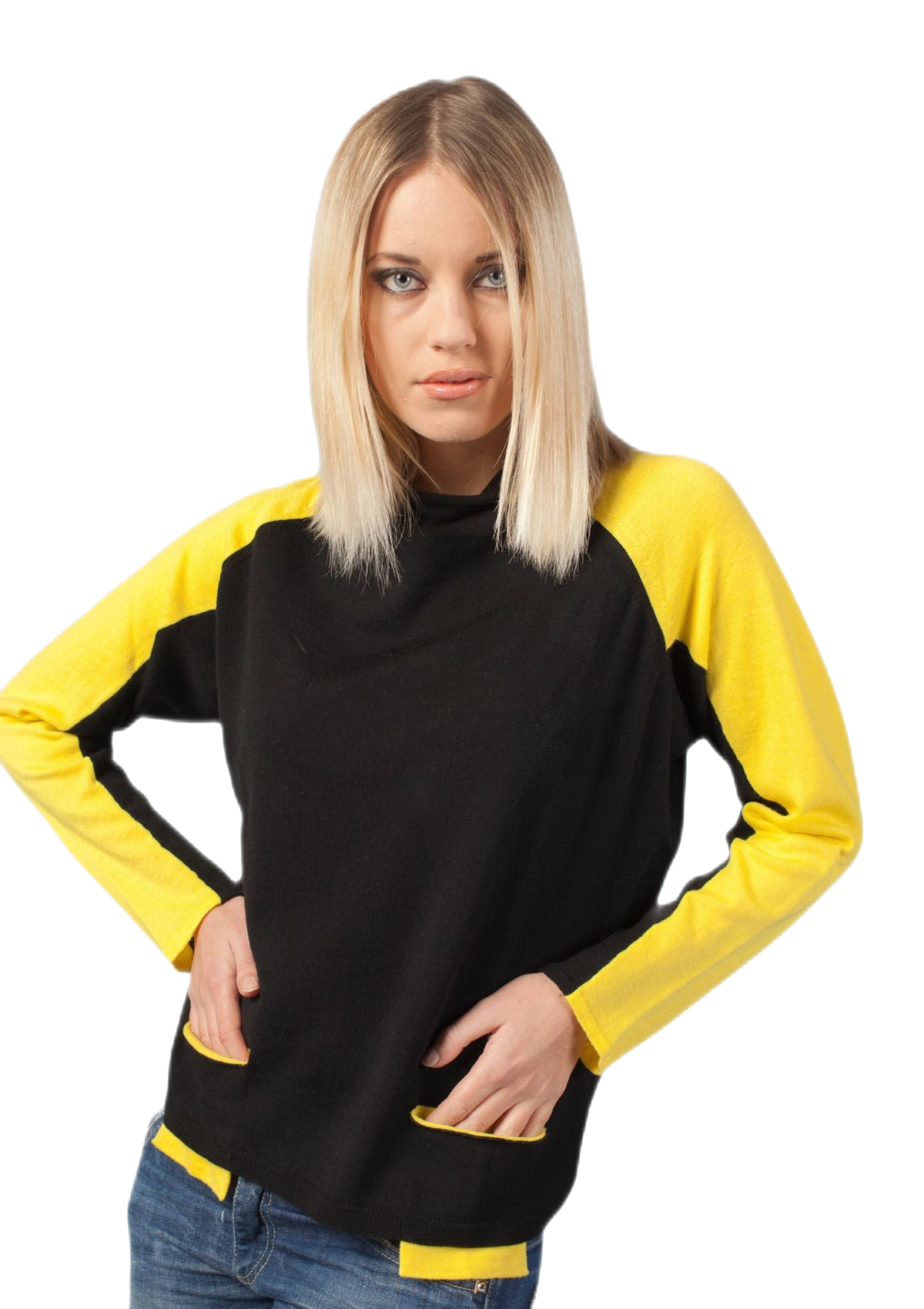 maglia raglan donna bicolore in pura lana merino nera e gialla