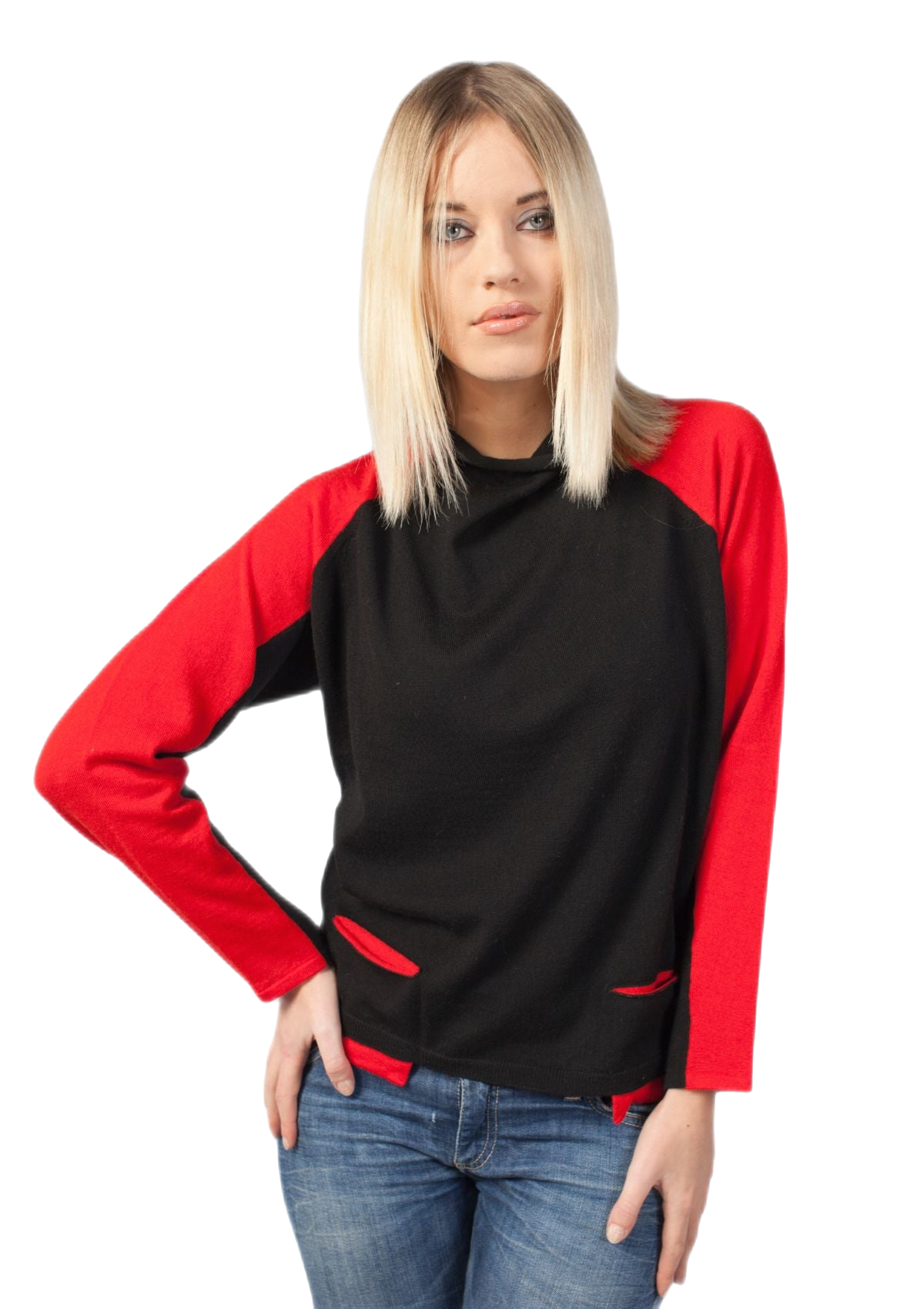 maglia raglan donna bicolore in pura lana merino nera e rossa