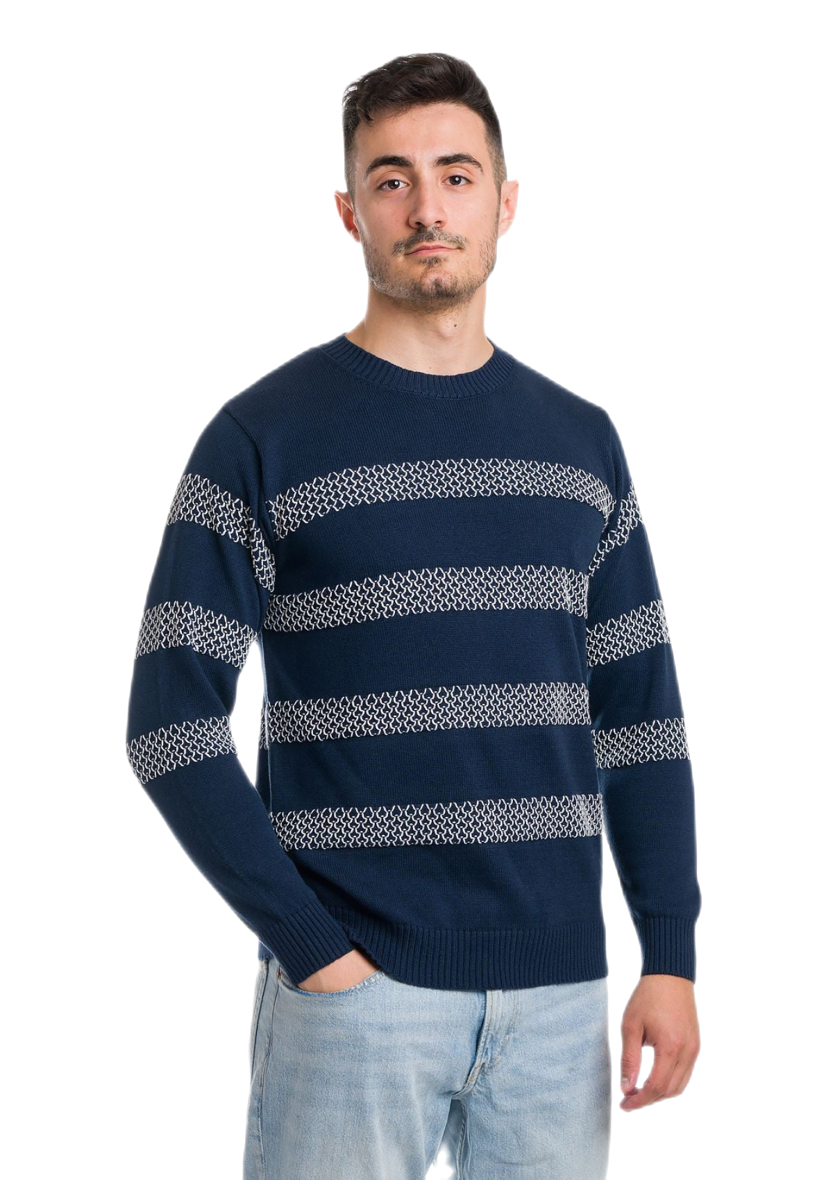 Maglia uomo a girocollo estiva a manica lunga blu a righe