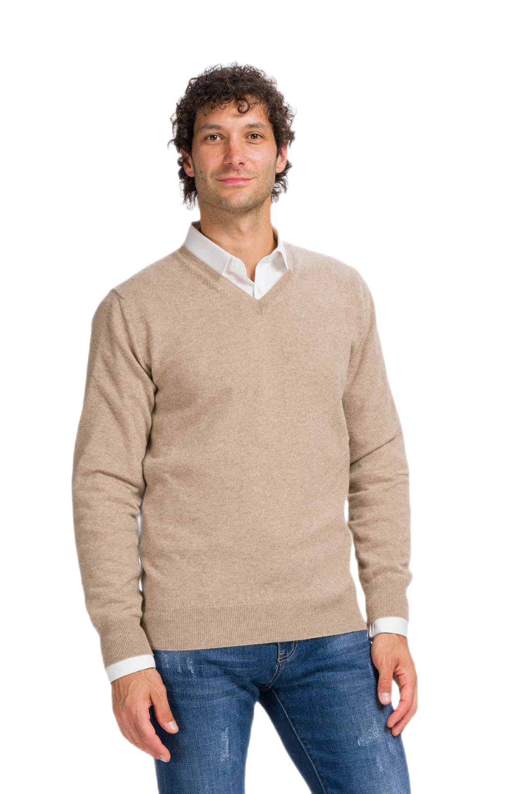 maglione cashmere uomo scollo a v beige