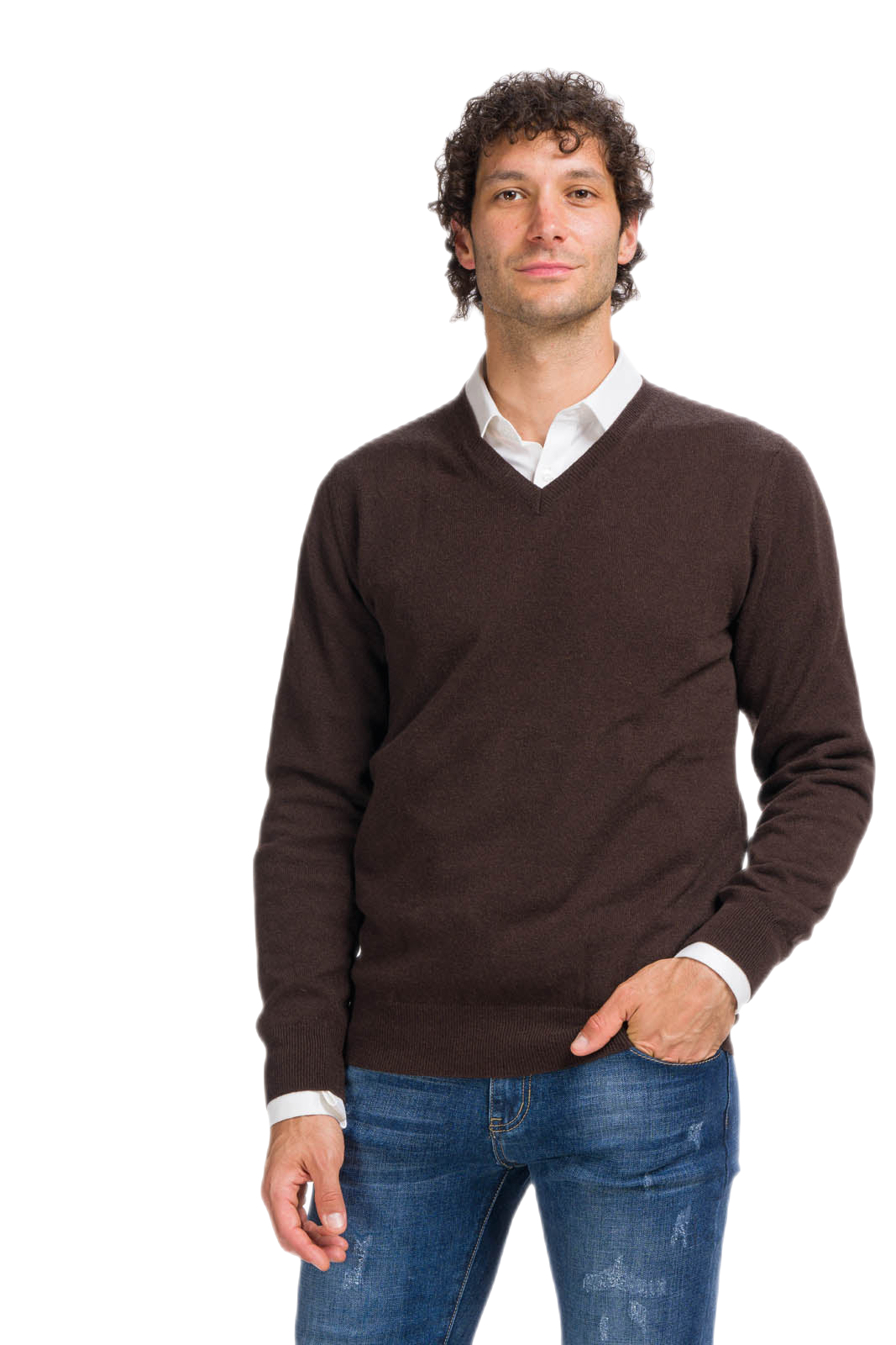 maglione cashmere uomo scollo a v marrone