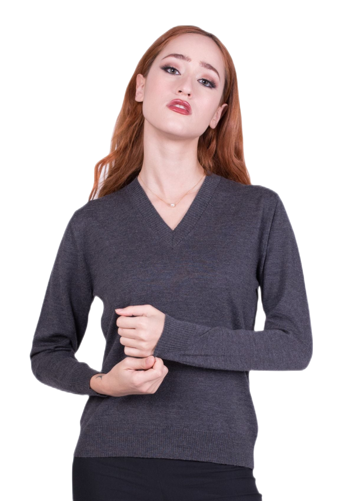 Maglione donna scollo a V in pura lana vergine merino extrafine colore antracite