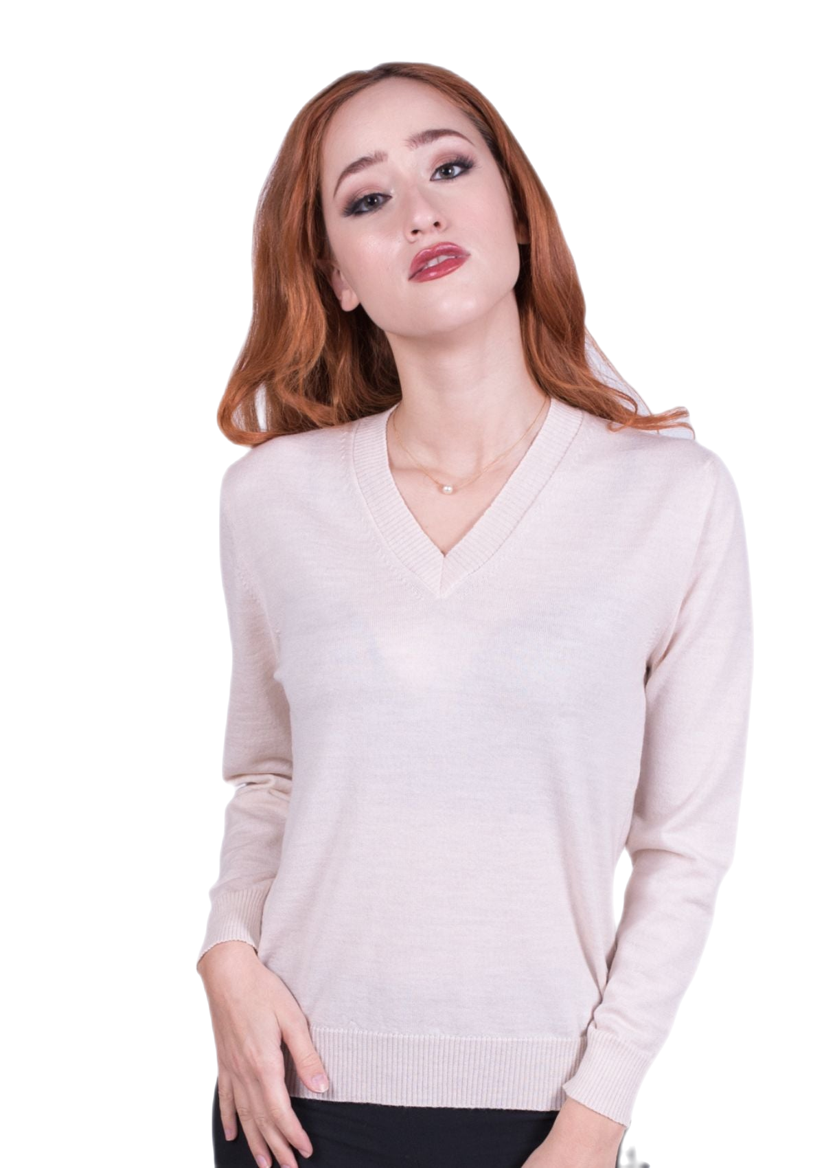 Maglione donna scollo a V in pura lana vergine merino extrafine colore beige