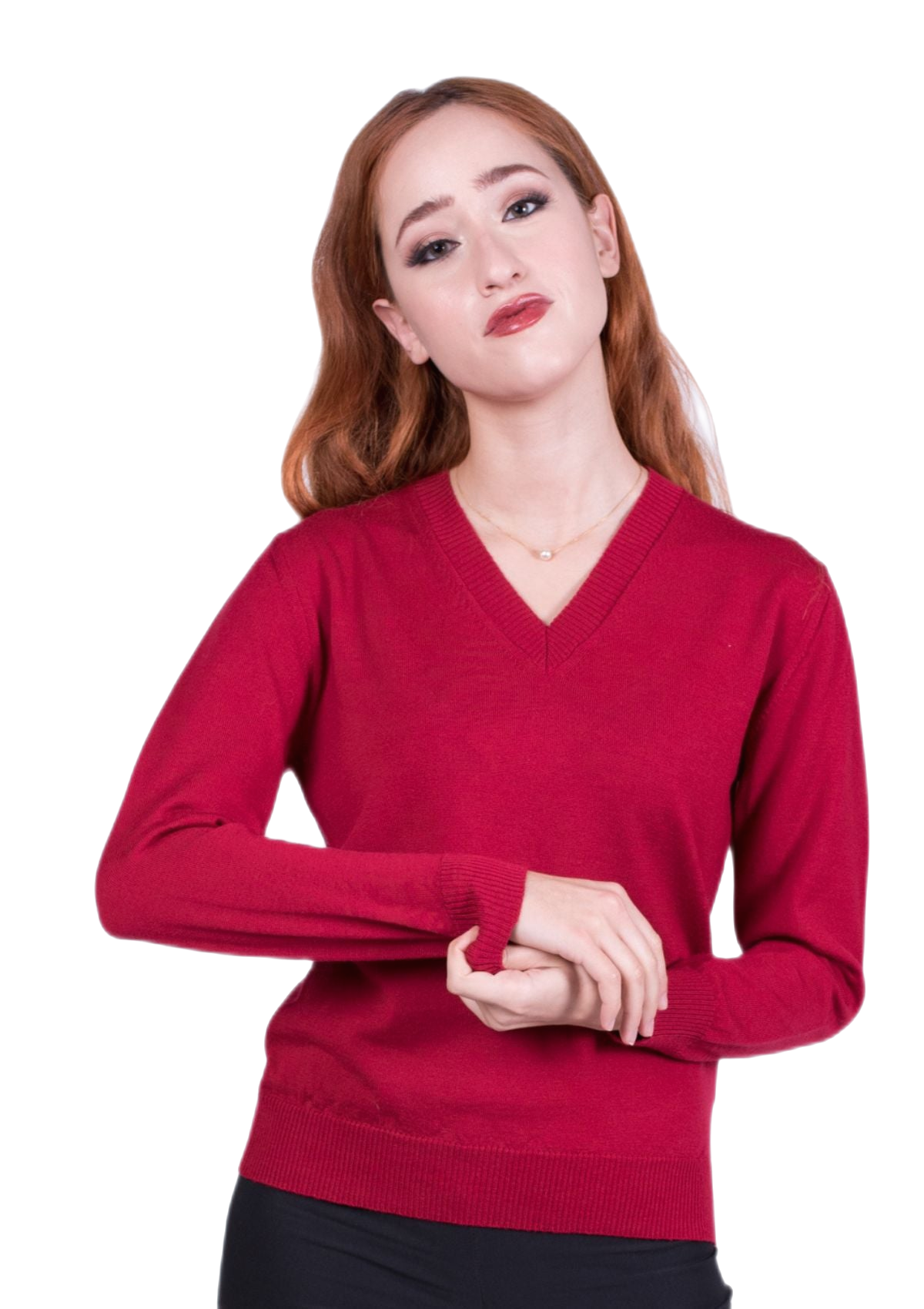 Maglione donna scollo a V in pura lana vergine merino extrafine colore bordeaux