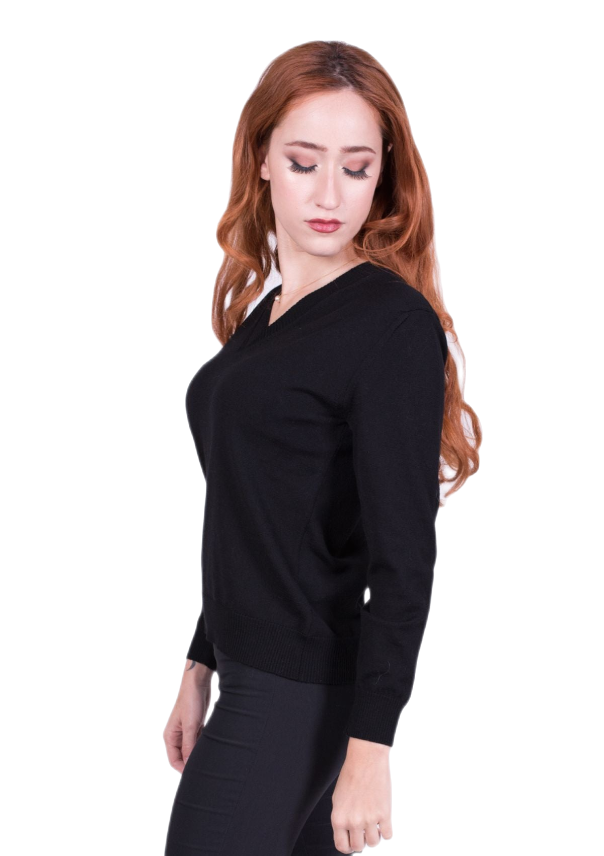 Maglione donna scollo a V in pura lana vergine merino extrafine colore nero