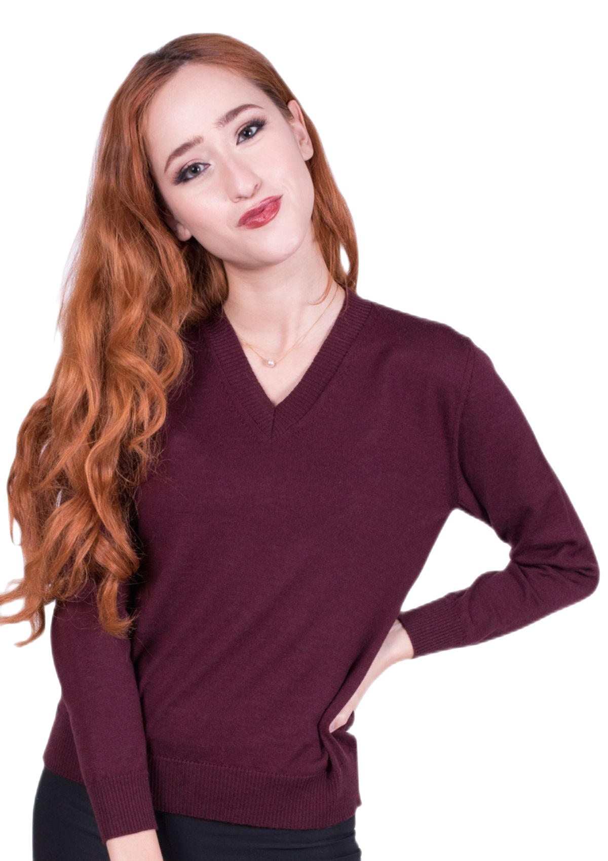 Maglione donna scollo a V in pura lana vergine merino extrafine colore prugna