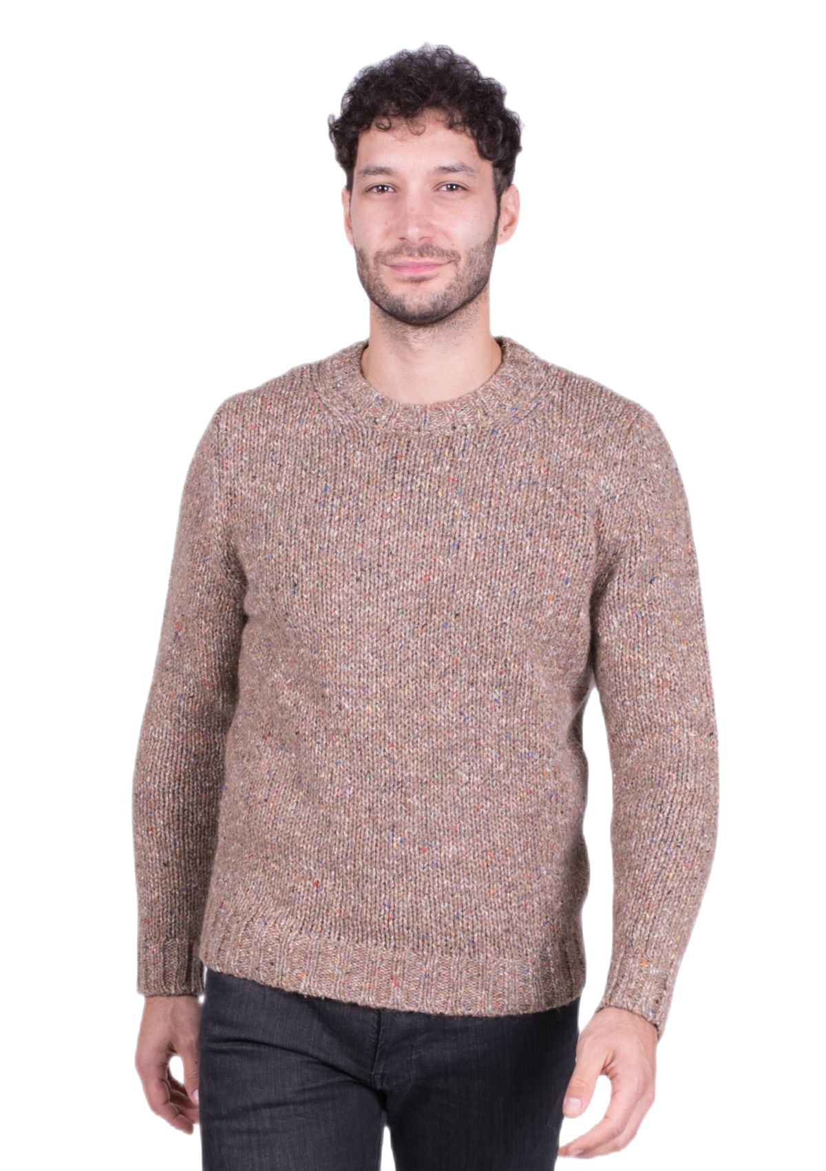 Pullover da uomo girocollo in lana, seta e mohair beige