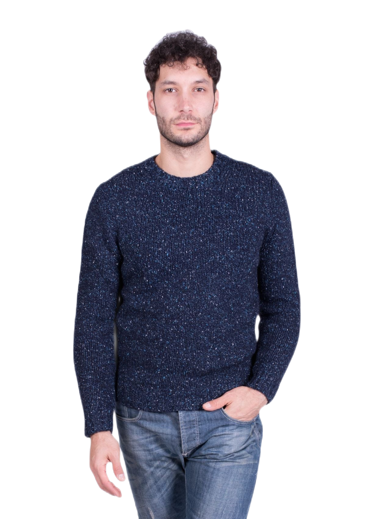 Pullover da uomo girocollo in lana, seta e mohair blu