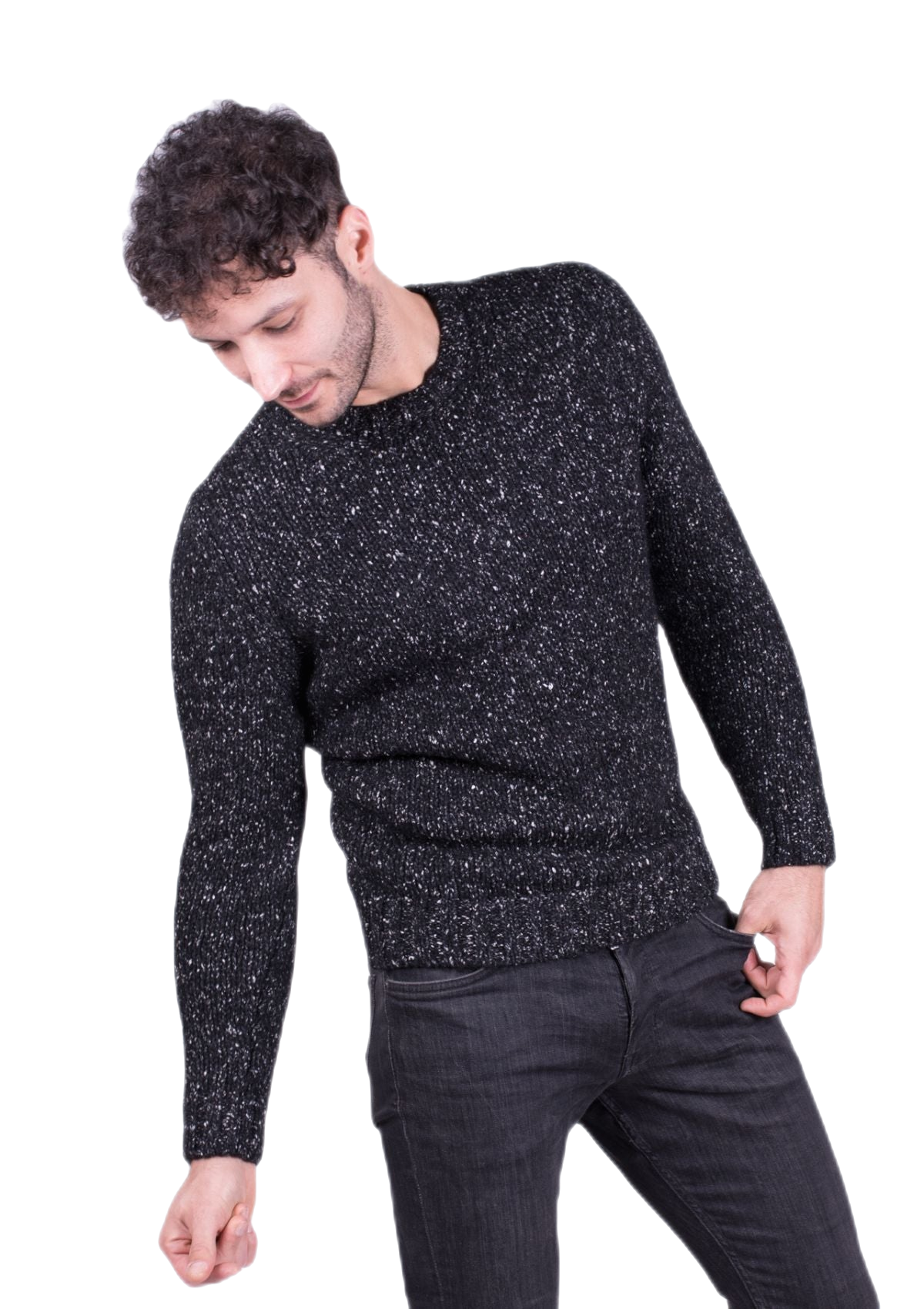 Pullover da uomo girocollo in lana, seta e mohair nero