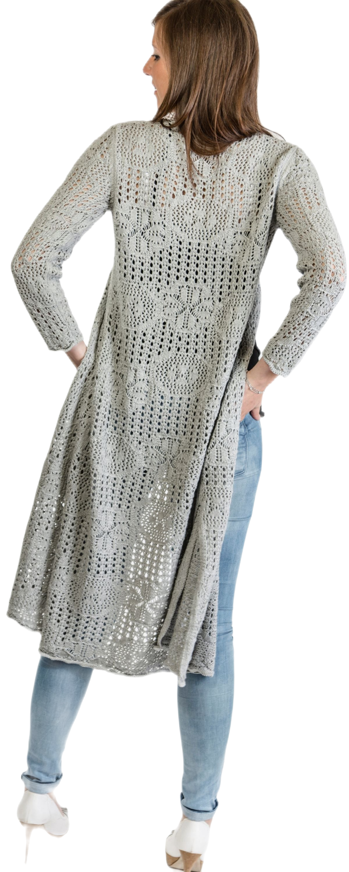 retro cardigan lungo in pizzo grigio