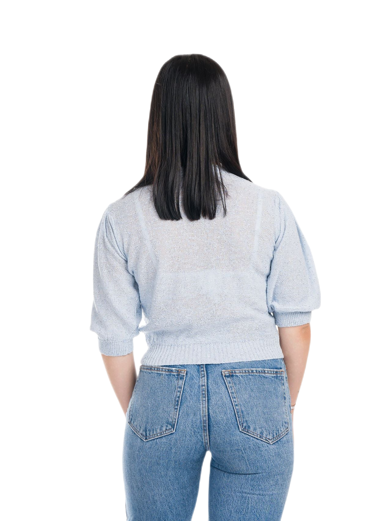 retro maglia corta donna con maniche corte a palloncino azzurra
