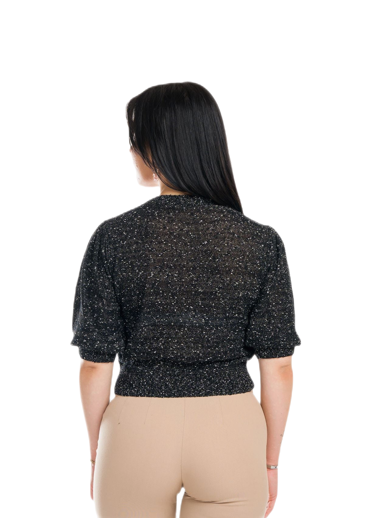 retro maglia corta donna con maniche corte a palloncino nera